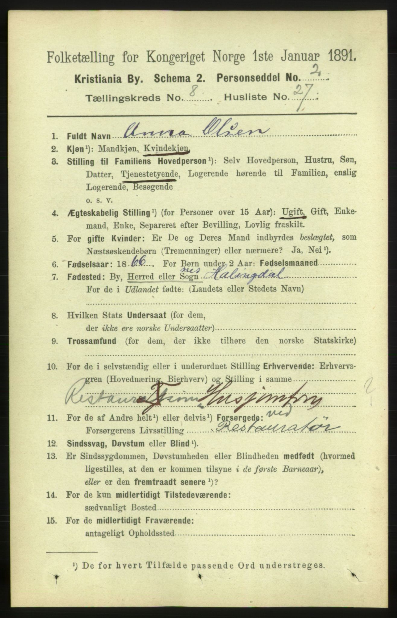 RA, 1891 census for 0301 Kristiania, 1891, p. 3936