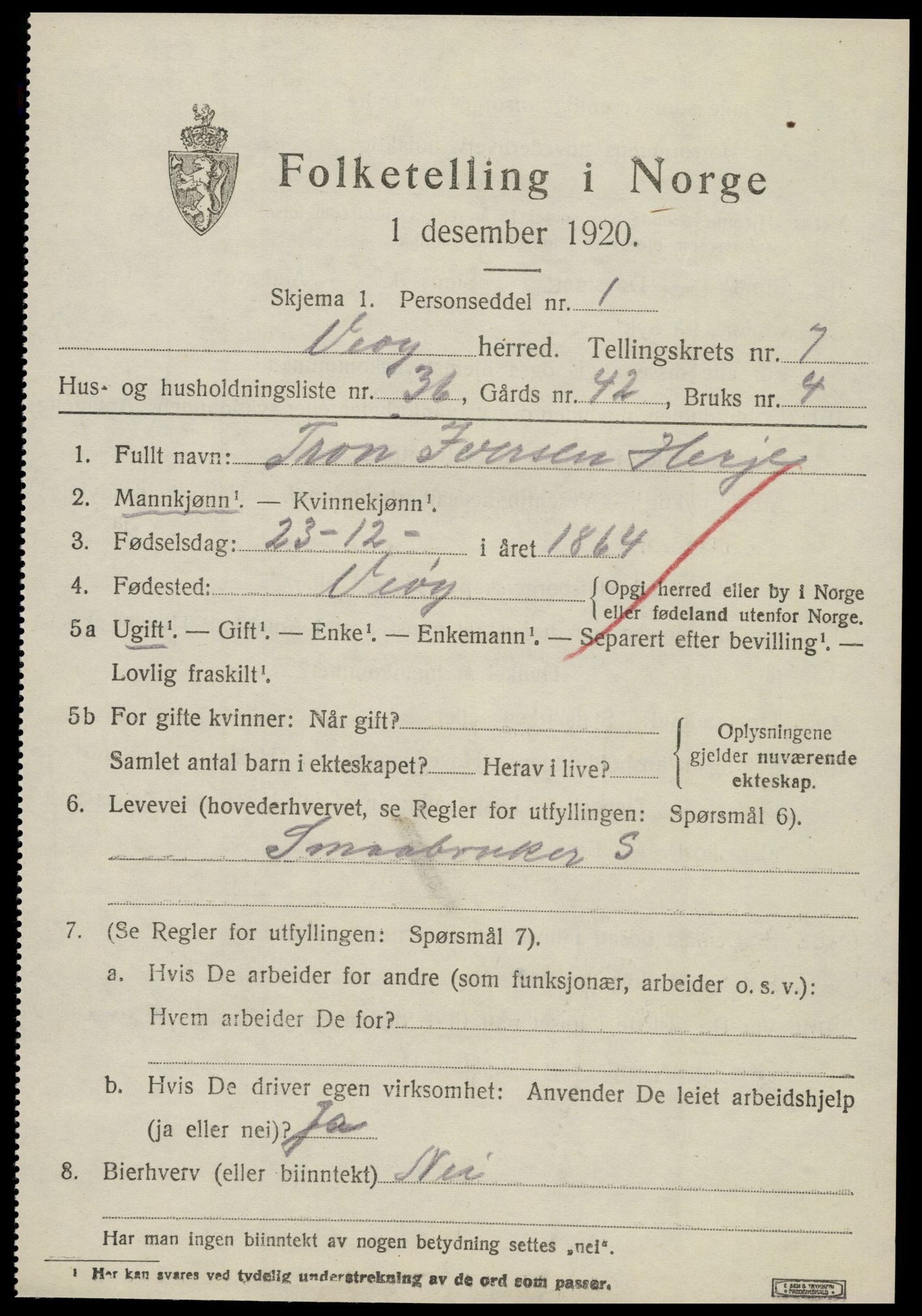 SAT, 1920 census for Veøy, 1920, p. 3535