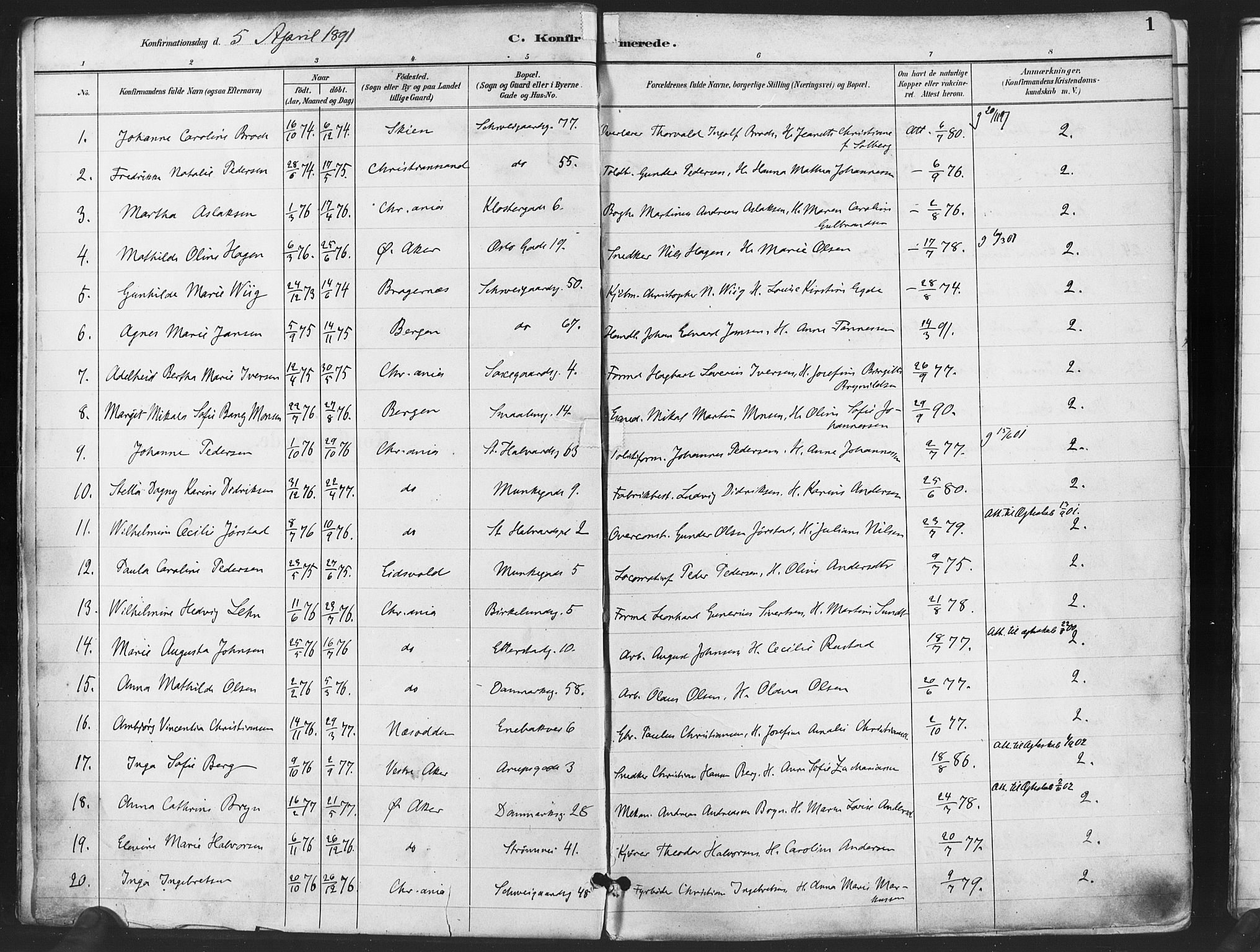 Gamlebyen prestekontor Kirkebøker, AV/SAO-A-10884/F/Fa/L0008: Parish register (official) no. 8, 1891-1908, p. 1