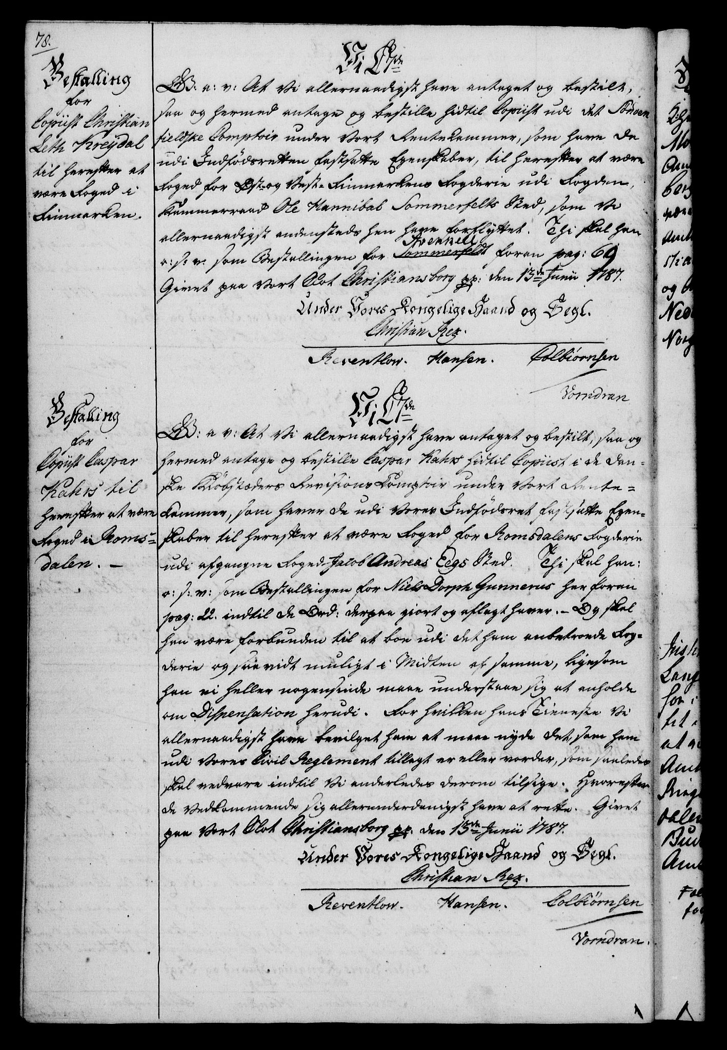 Rentekammeret, Kammerkanselliet, RA/EA-3111/G/Gg/Gge/L0006: Norsk bestallingsprotokoll med register (merket RK 53.30), 1773-1814, p. 78
