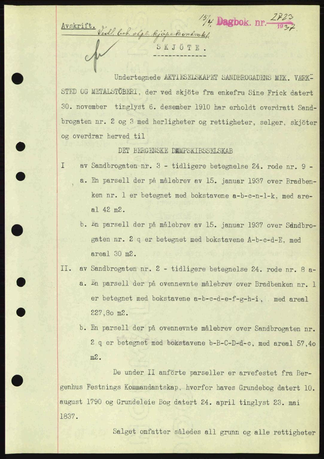 Byfogd og Byskriver i Bergen, SAB/A-3401/03/03Bc/L0004: Mortgage book no. A3-4, 1936-1937, Diary no: : 2723/1937