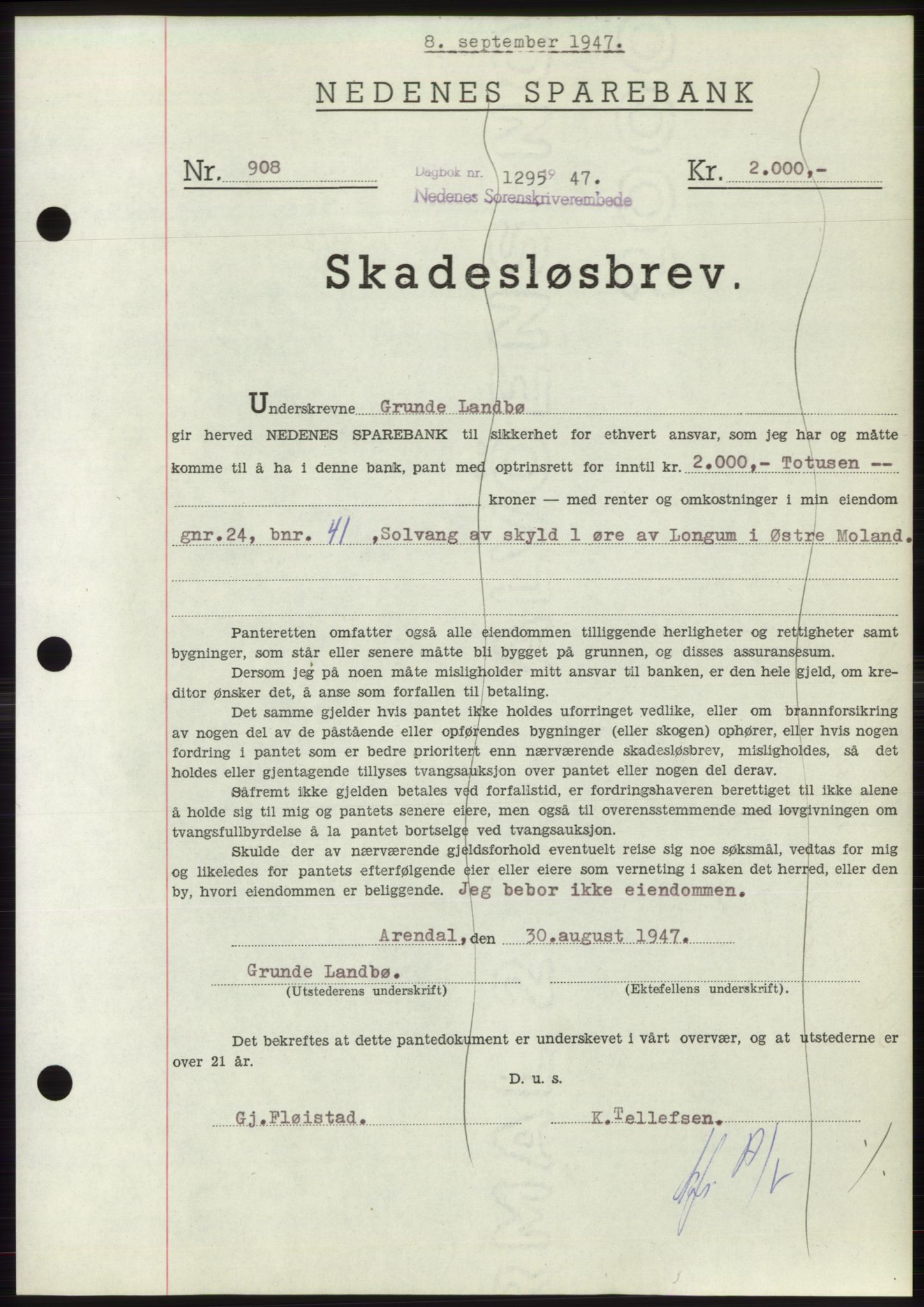 Nedenes sorenskriveri, AV/SAK-1221-0006/G/Gb/Gbb/L0004: Mortgage book no. B4, 1947-1947, Diary no: : 1295/1947