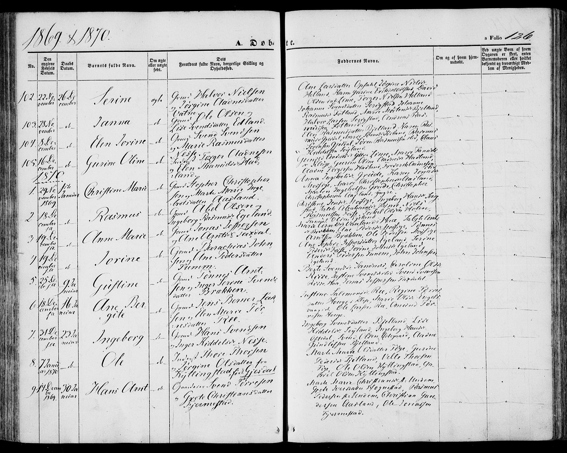 Lye sokneprestkontor, SAST/A-101794/001/30BA/L0007: Parish register (official) no. A 6, 1856-1871, p. 126