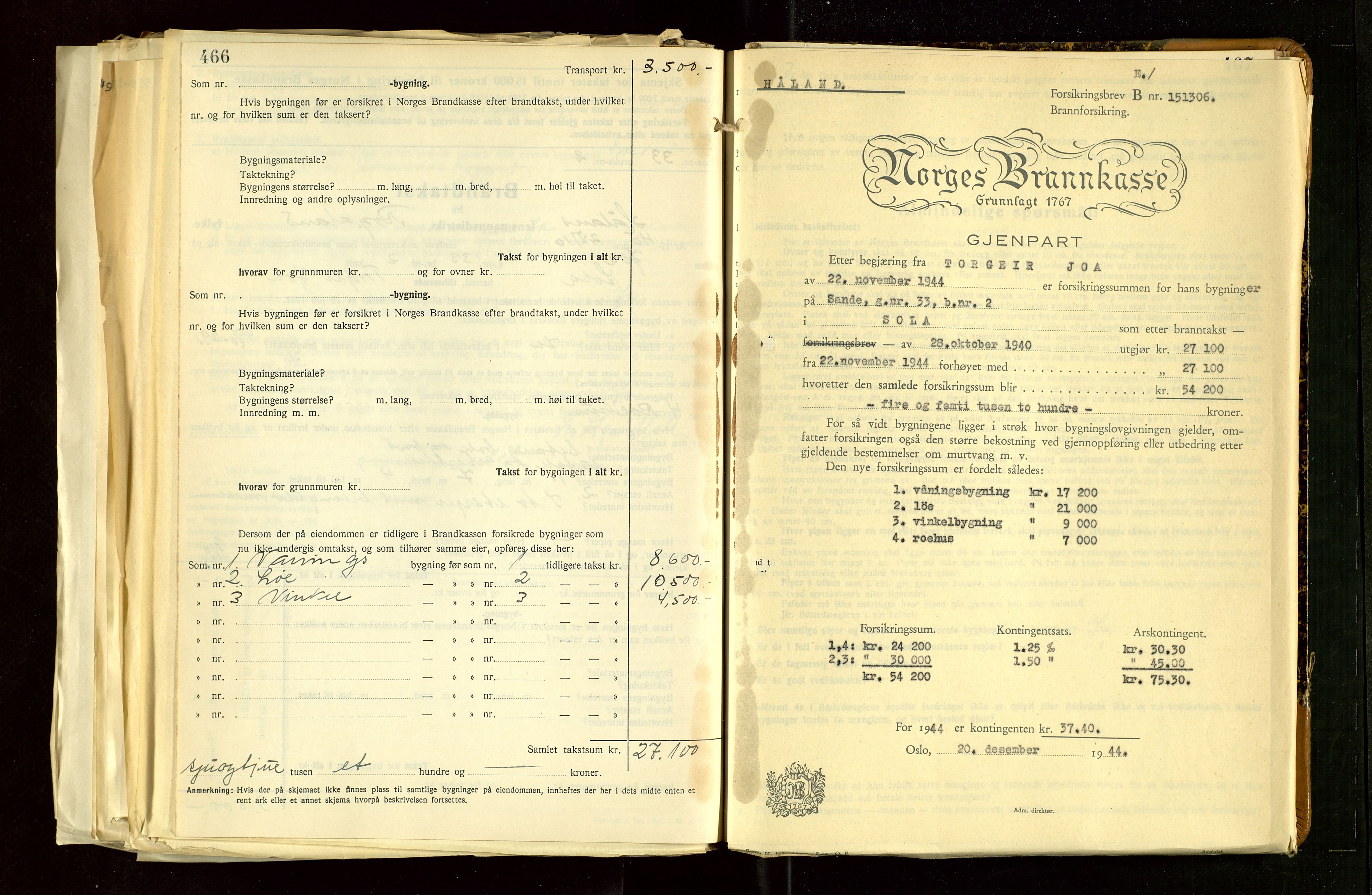 Håland lensmannskontor, AV/SAST-A-100100/Gob/L0012: "Brandtakstprotokoll" - skjematakst. Register i boken., 1938-1941, p. 466-467