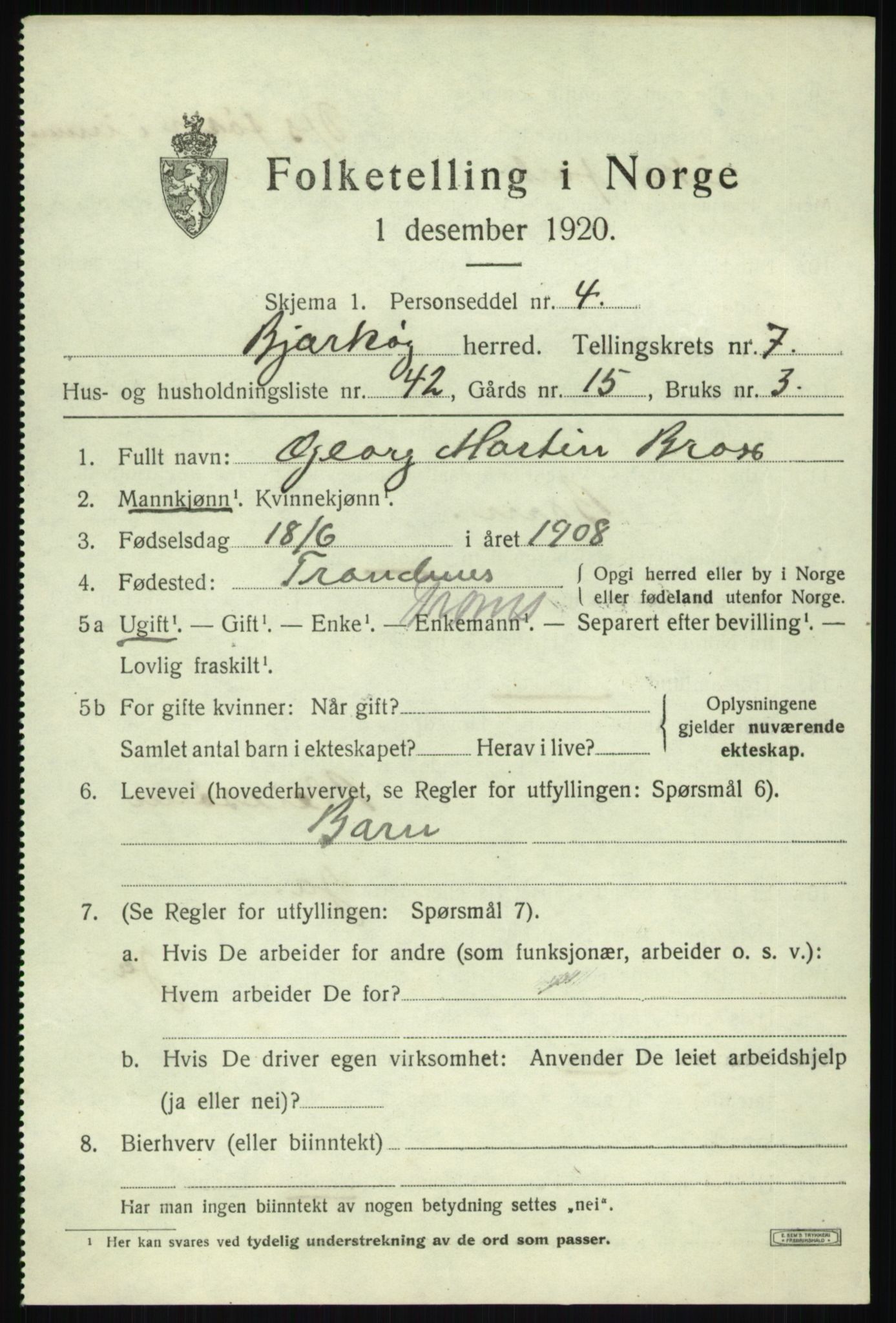 SATØ, 1920 census for Bjarkøy, 1920, p. 3445