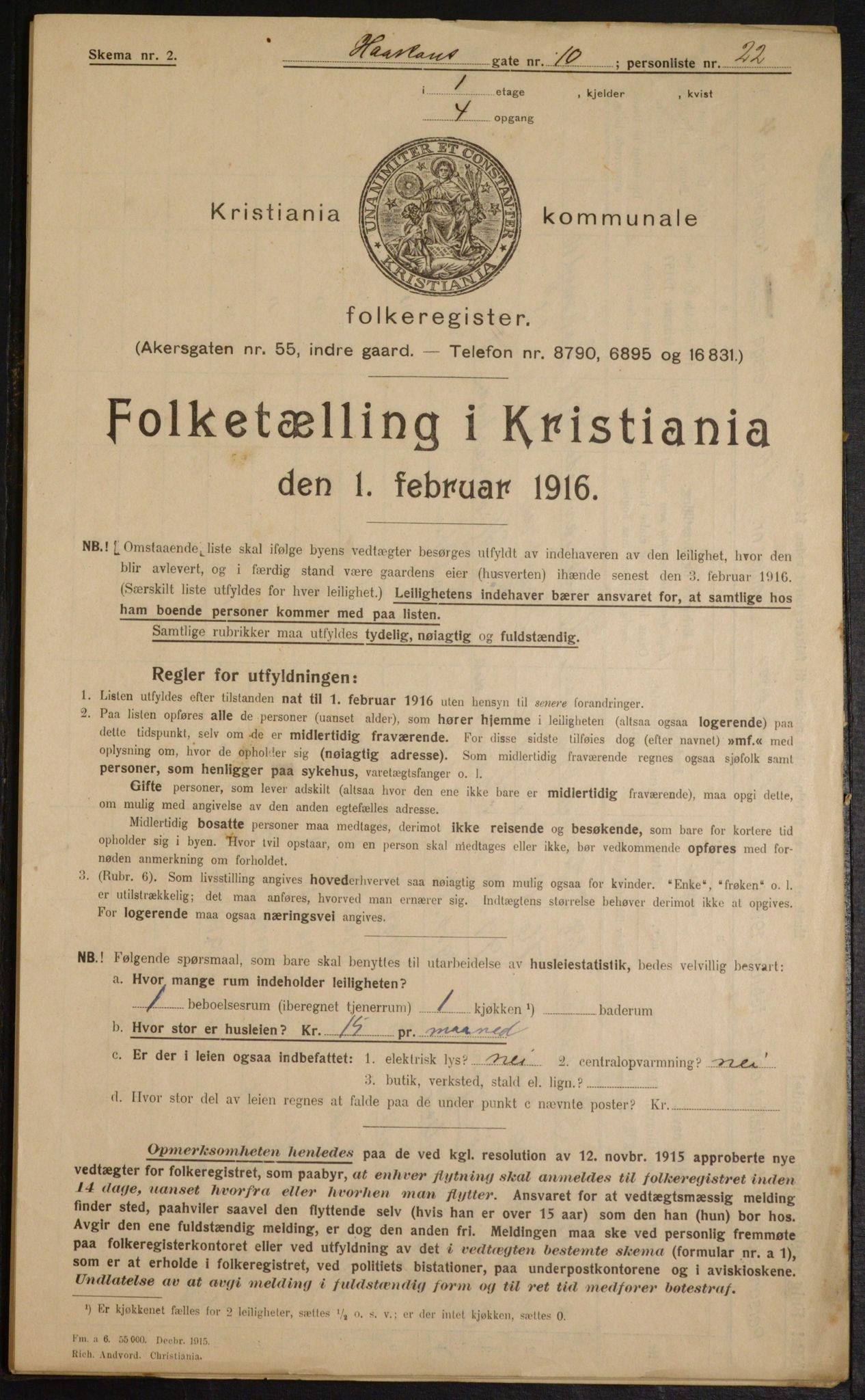 OBA, Municipal Census 1916 for Kristiania, 1916, p. 43385