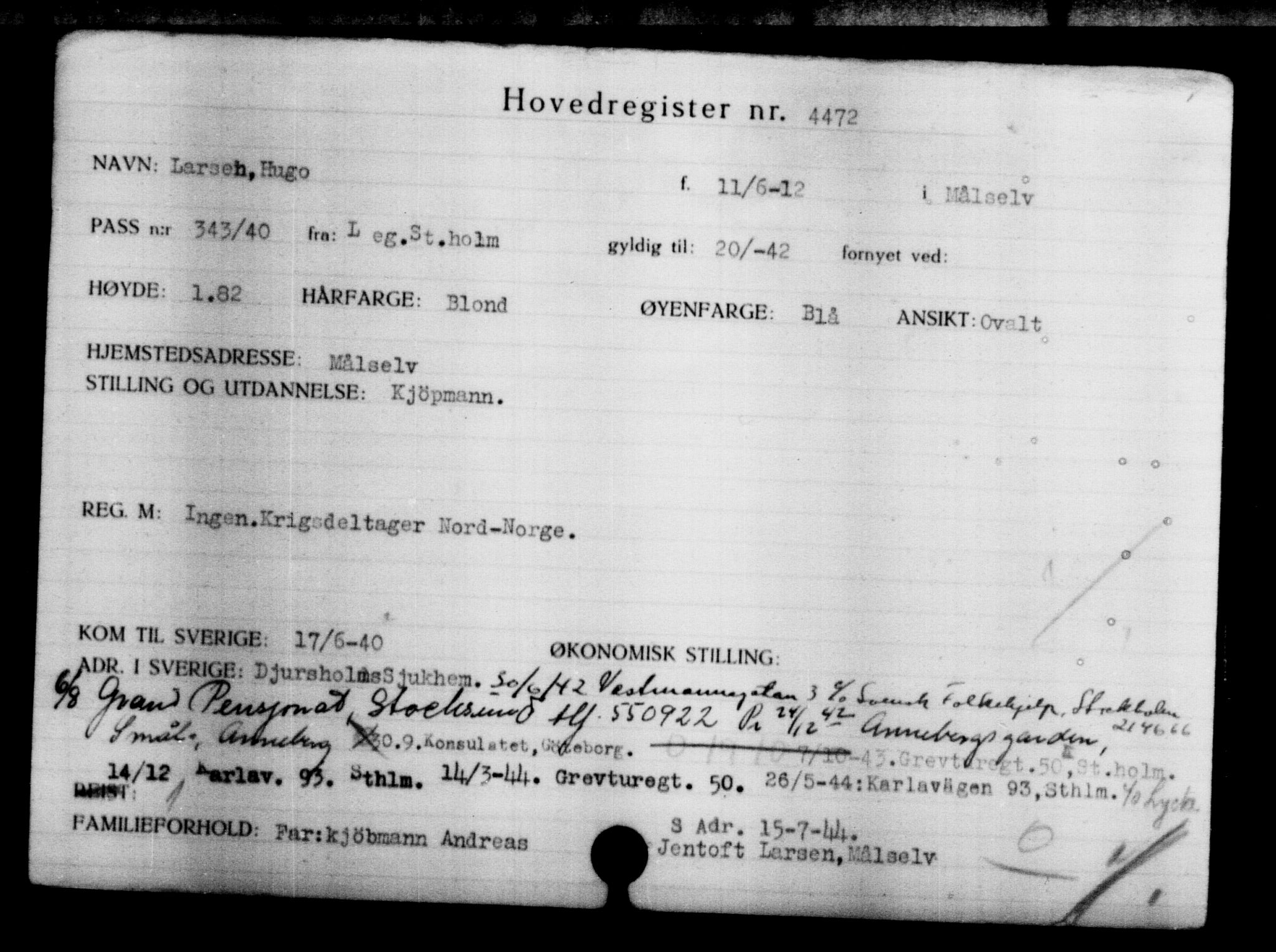 Utenriksstasjonene, Legasjonen i Stockholm, Flyktningkontoret, AV/RA-S-6753/V/Va/L0004: Kjesäterkartoteket, flyktninger med registreringsnr. 3496-6610, 1940-1945, p. 1175