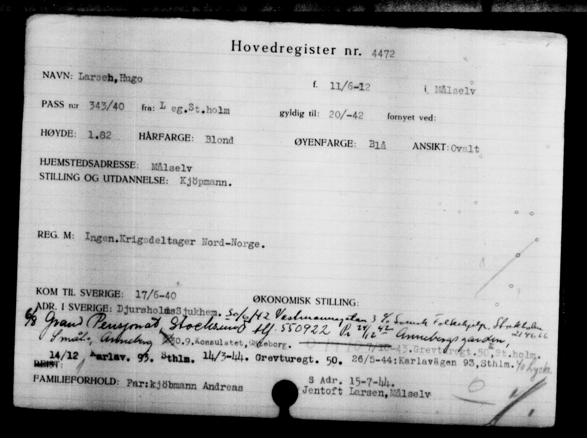 Den Kgl. Norske Legasjons Flyktningskontor, RA/S-6753/V/Va/L0004: Kjesäterkartoteket.  Flyktningenr. 3496-6610, 1940-1945, p. 1175