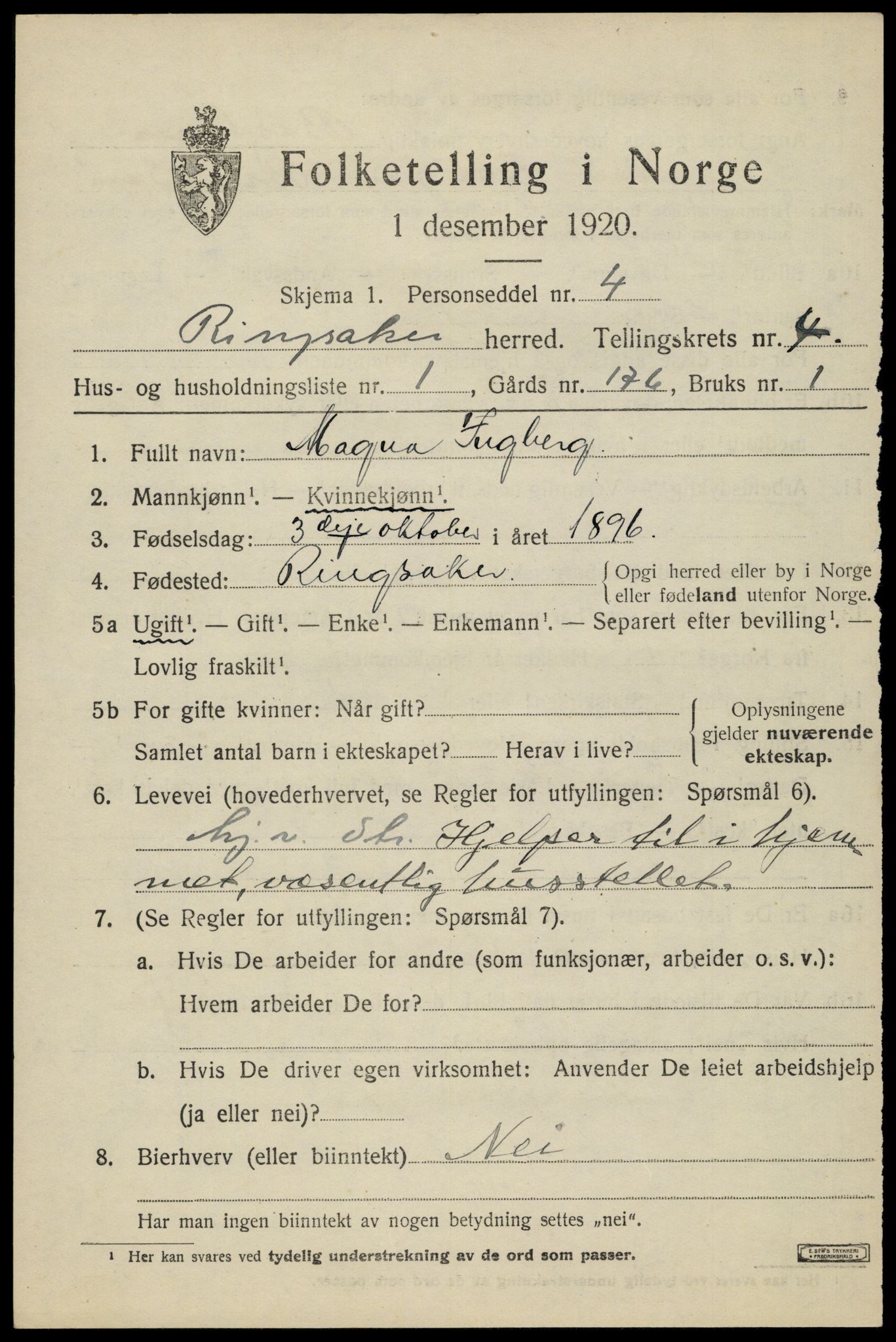 SAH, 1920 census for Ringsaker, 1920, p. 8570