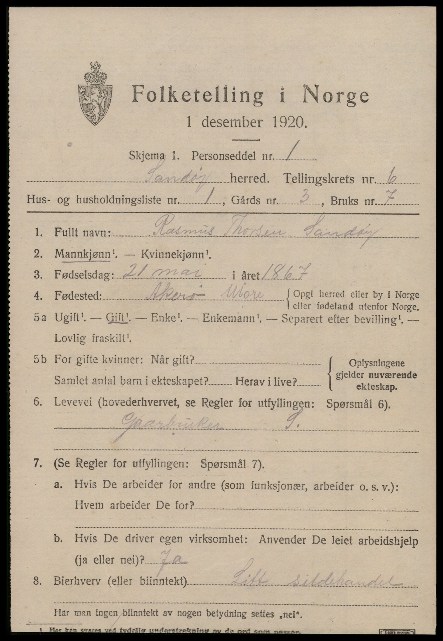 SAT, 1920 census for Sandøy, 1920, p. 2002