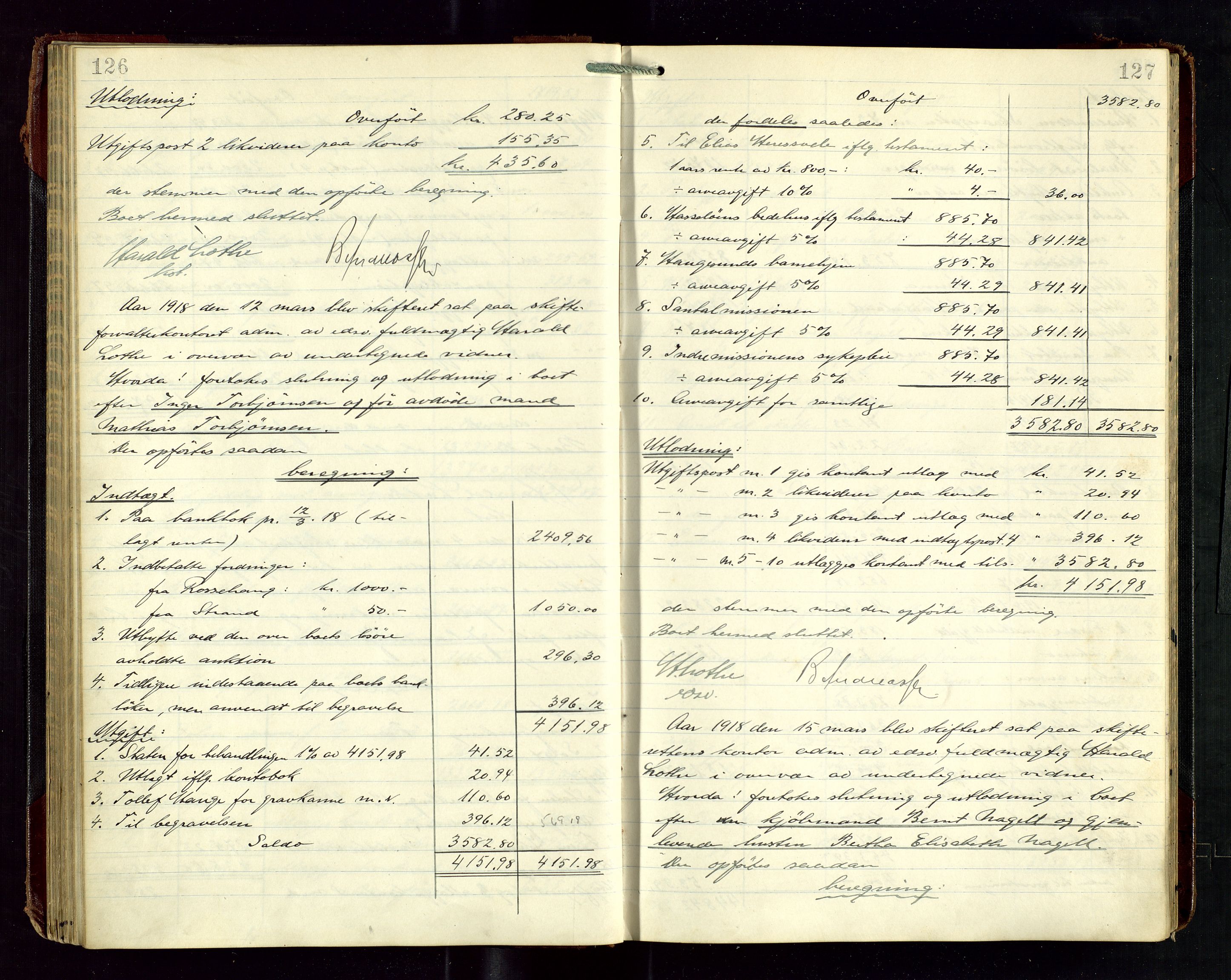 Haugesund tingrett, SAST/A-101415/01/IV/IVD/L0003: Skifteutlodningsprotokoll, med register, 1915-1924, p. 126-127