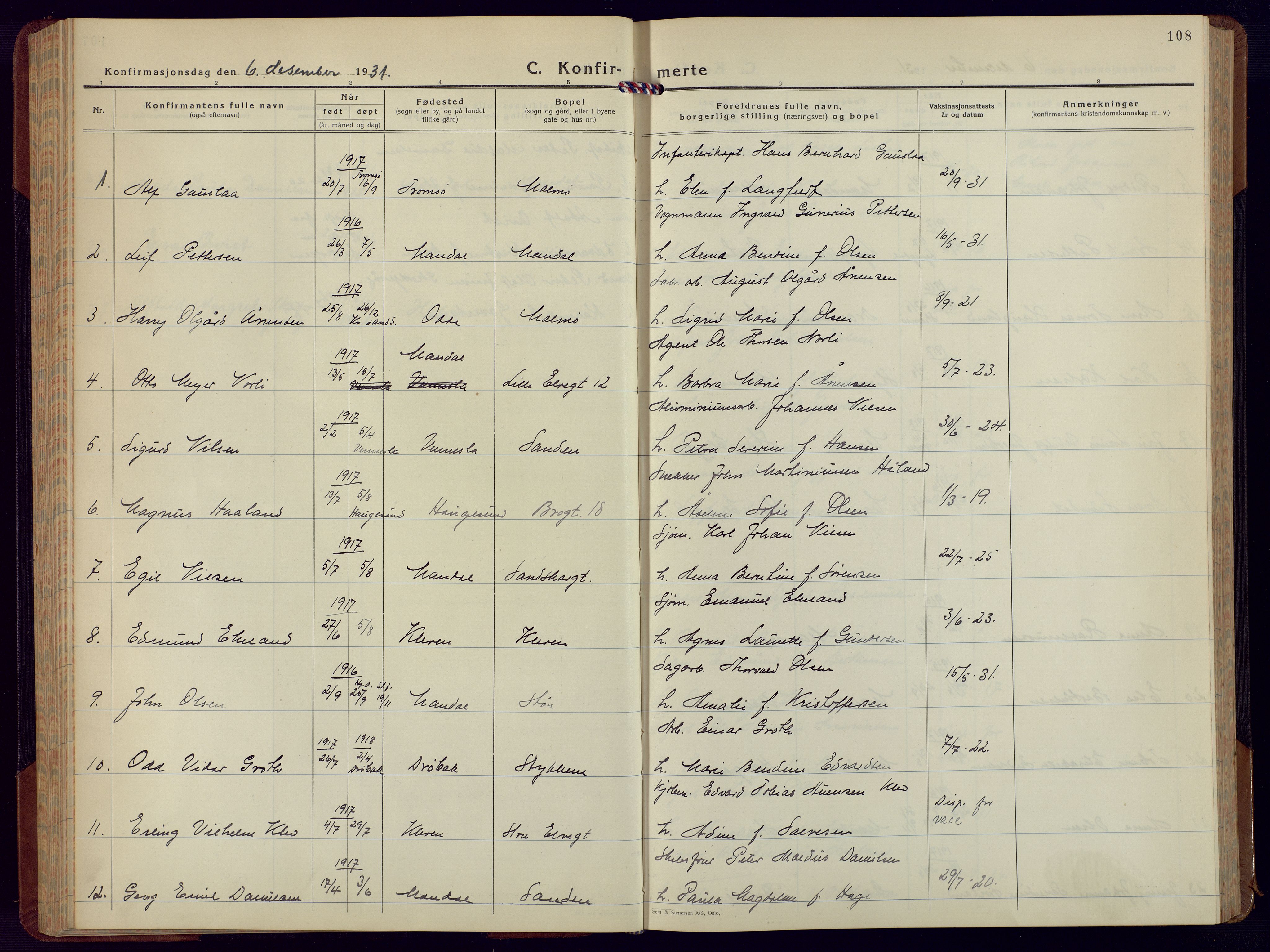 Mandal sokneprestkontor, SAK/1111-0030/F/Fb/Fbc/L0002: Parish register (copy) no. B 2, 1931-1949, p. 108
