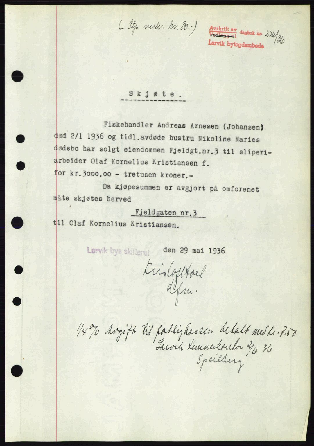 Larvik sorenskriveri, SAKO/A-83/G/Ga/Gab/L0067: Mortgage book no. A-1, 1936-1937, Diary no: : 226/1936