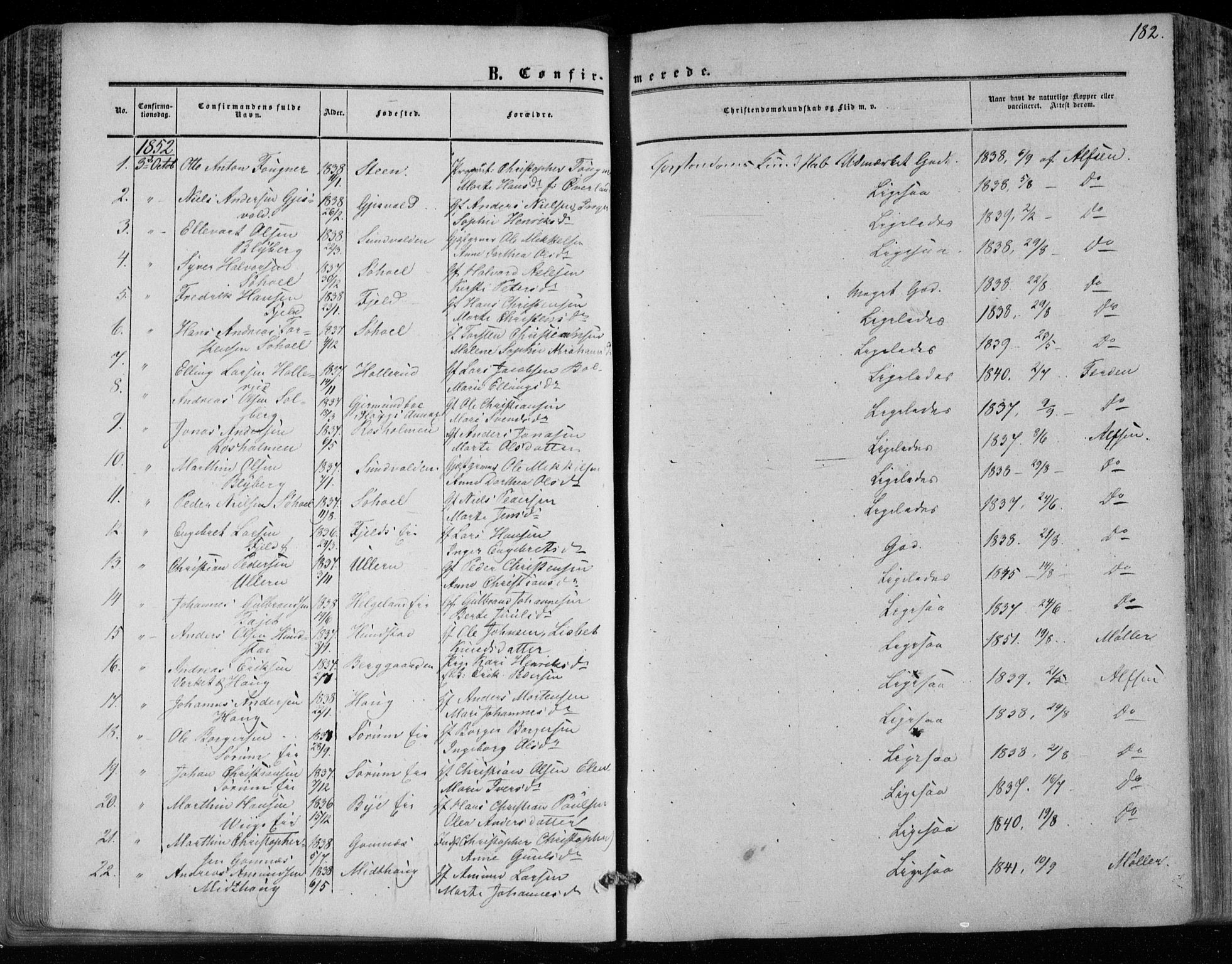 Hole kirkebøker, SAKO/A-228/F/Fa/L0006: Parish register (official) no. I 6, 1852-1872, p. 182