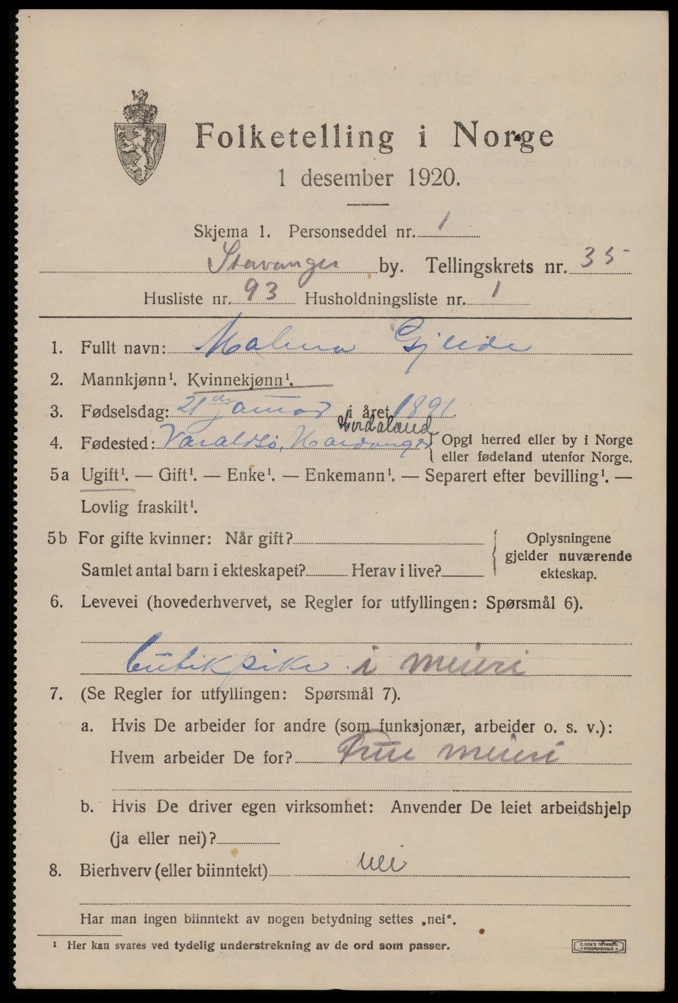 SAST, 1920 census for Stavanger, 1920, p. 95266