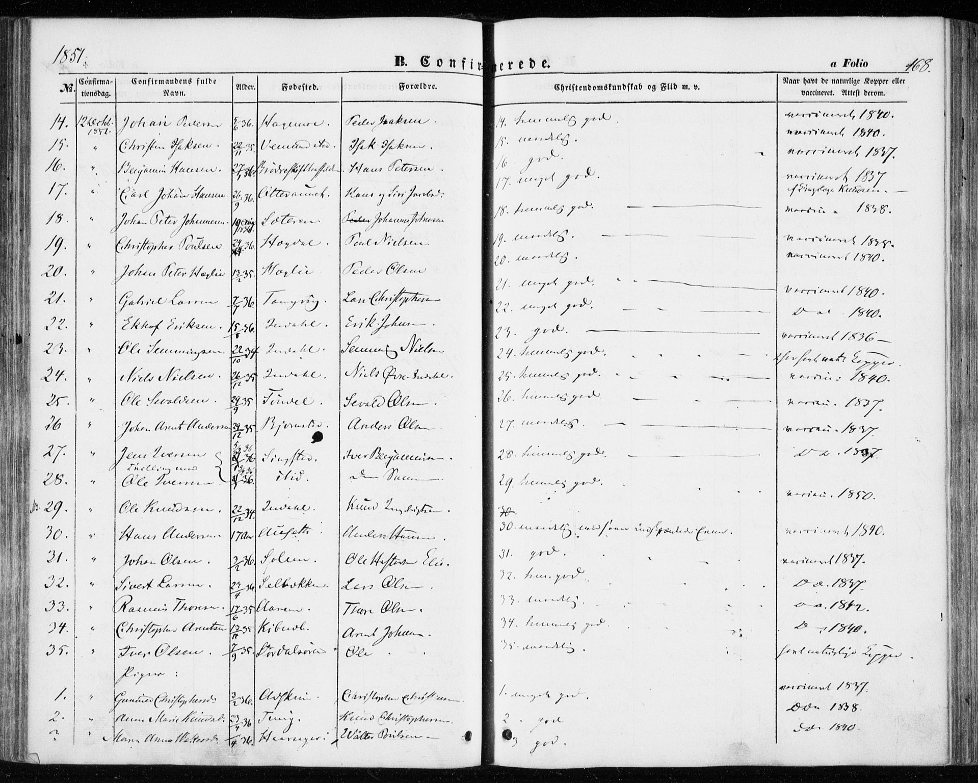 Ministerialprotokoller, klokkerbøker og fødselsregistre - Sør-Trøndelag, AV/SAT-A-1456/646/L0611: Parish register (official) no. 646A09, 1848-1857, p. 168