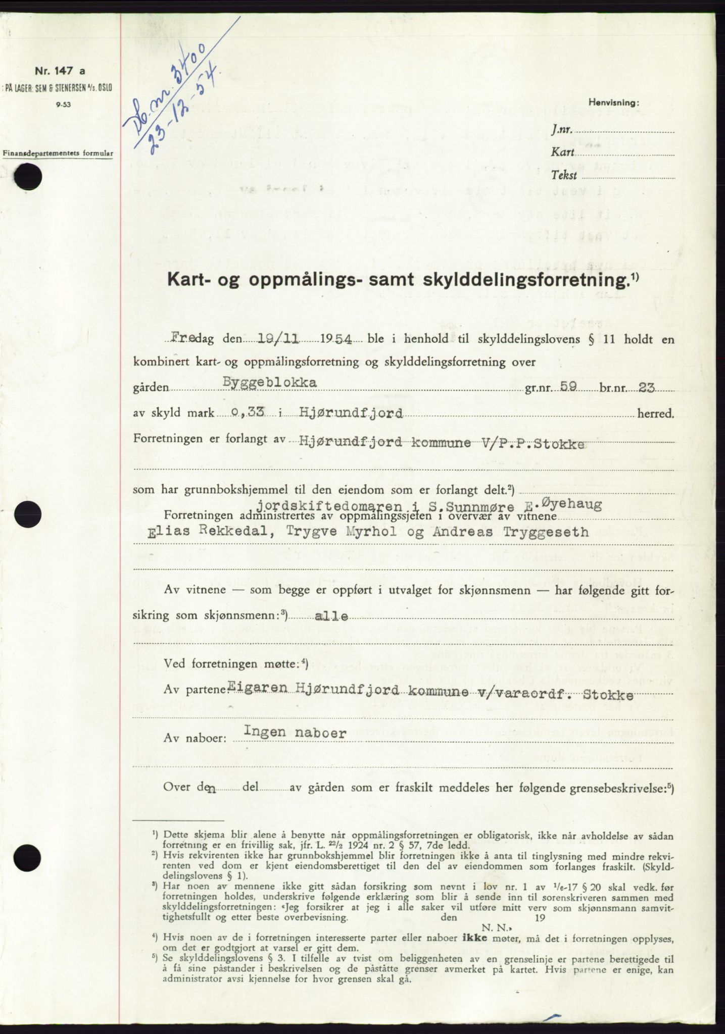 Søre Sunnmøre sorenskriveri, AV/SAT-A-4122/1/2/2C/L0099: Mortgage book no. 25A, 1954-1954, Diary no: : 3400/1954