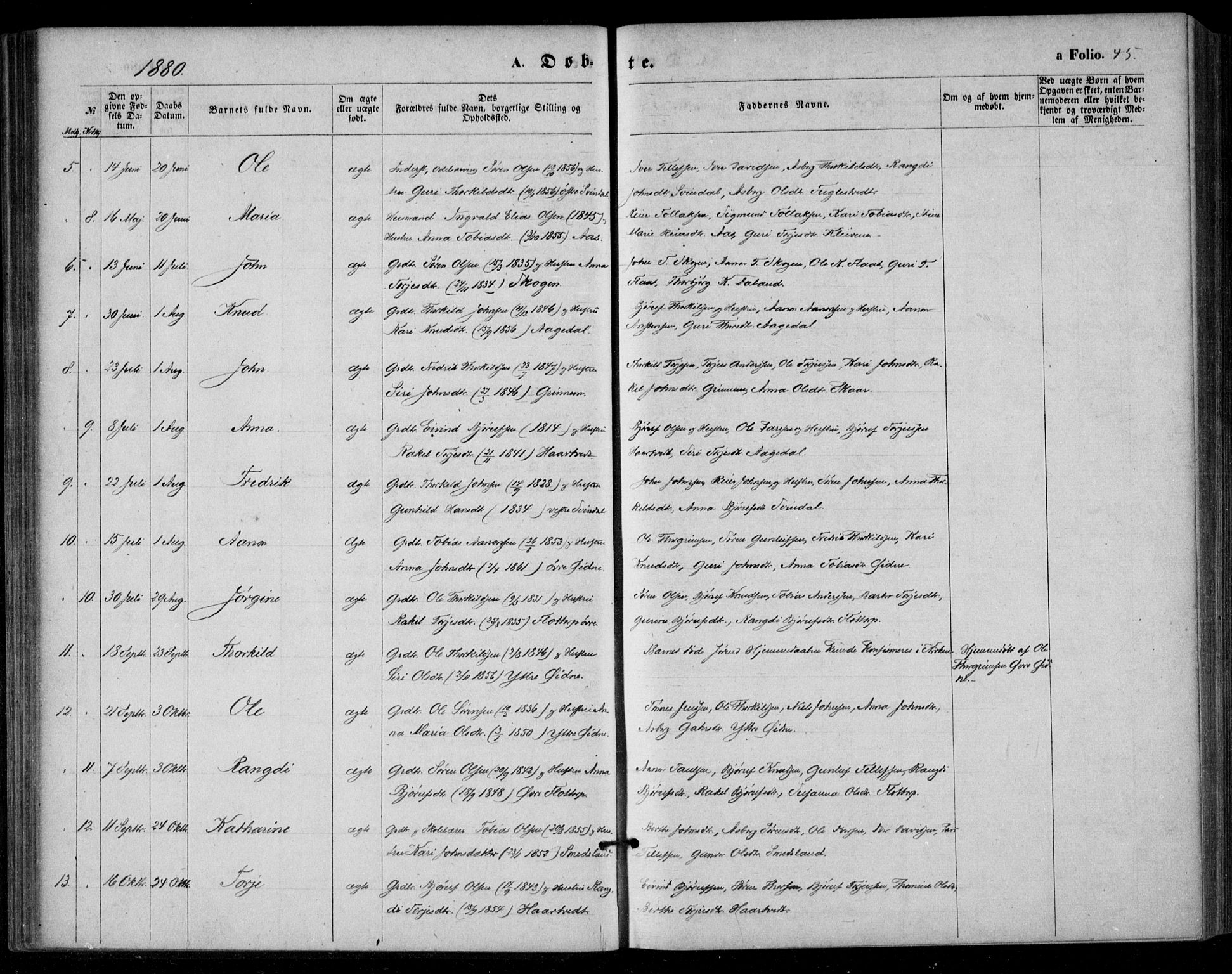 Bjelland sokneprestkontor, AV/SAK-1111-0005/F/Fa/Fac/L0002: Parish register (official) no. A 2, 1866-1887, p. 45