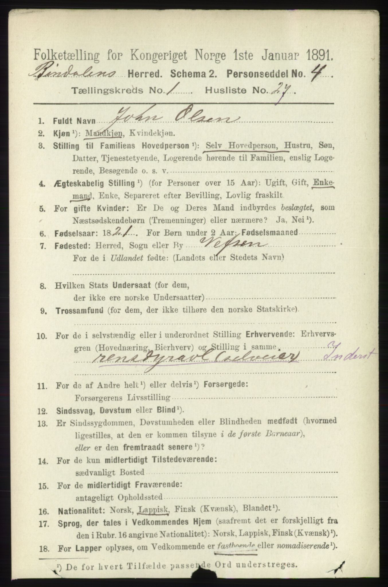 RA, 1891 census for 1811 Bindal, 1891, p. 229