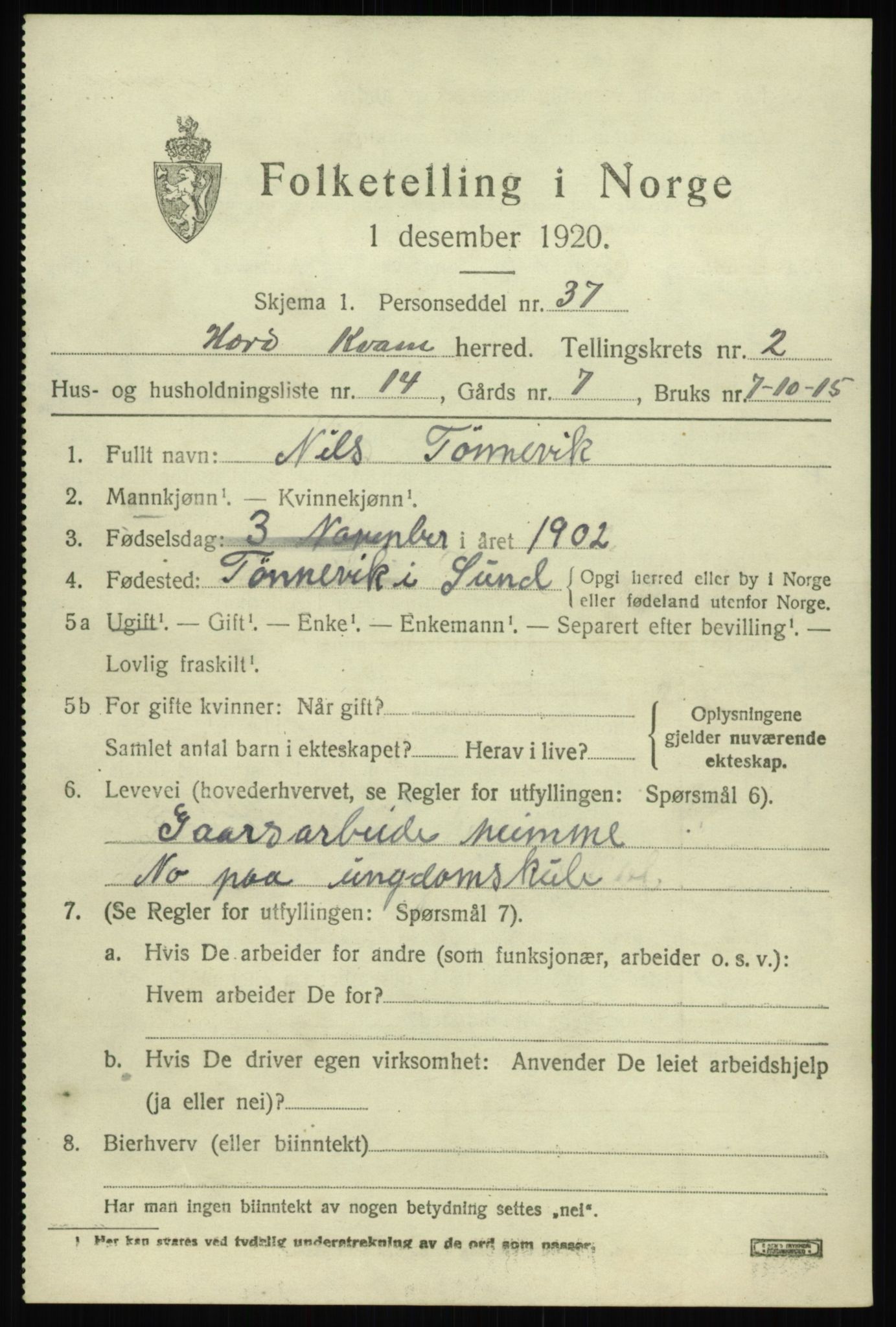 SAB, 1920 census for Kvam, 1920, p. 2043