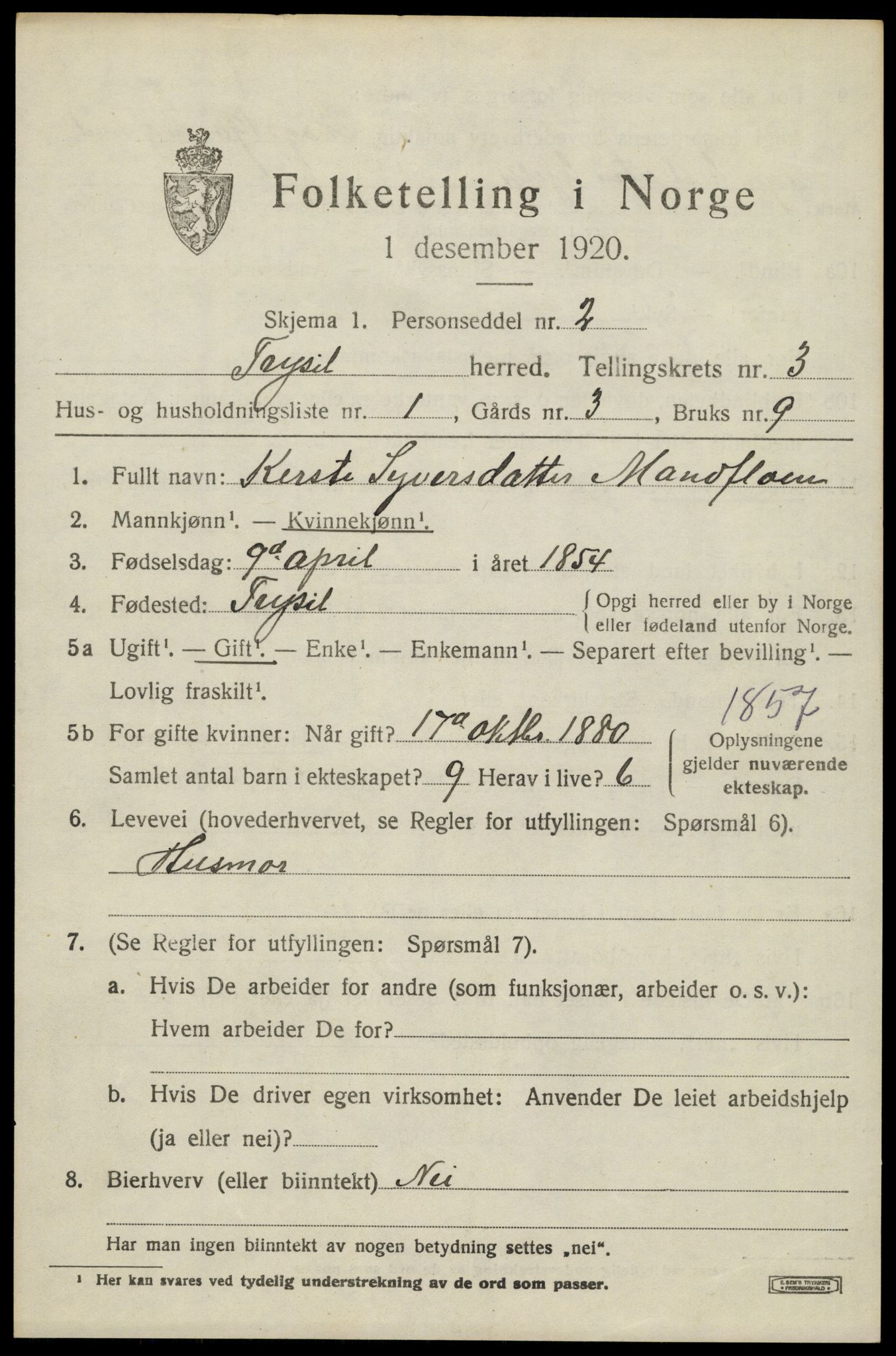 SAH, 1920 census for Trysil, 1920, p. 3479