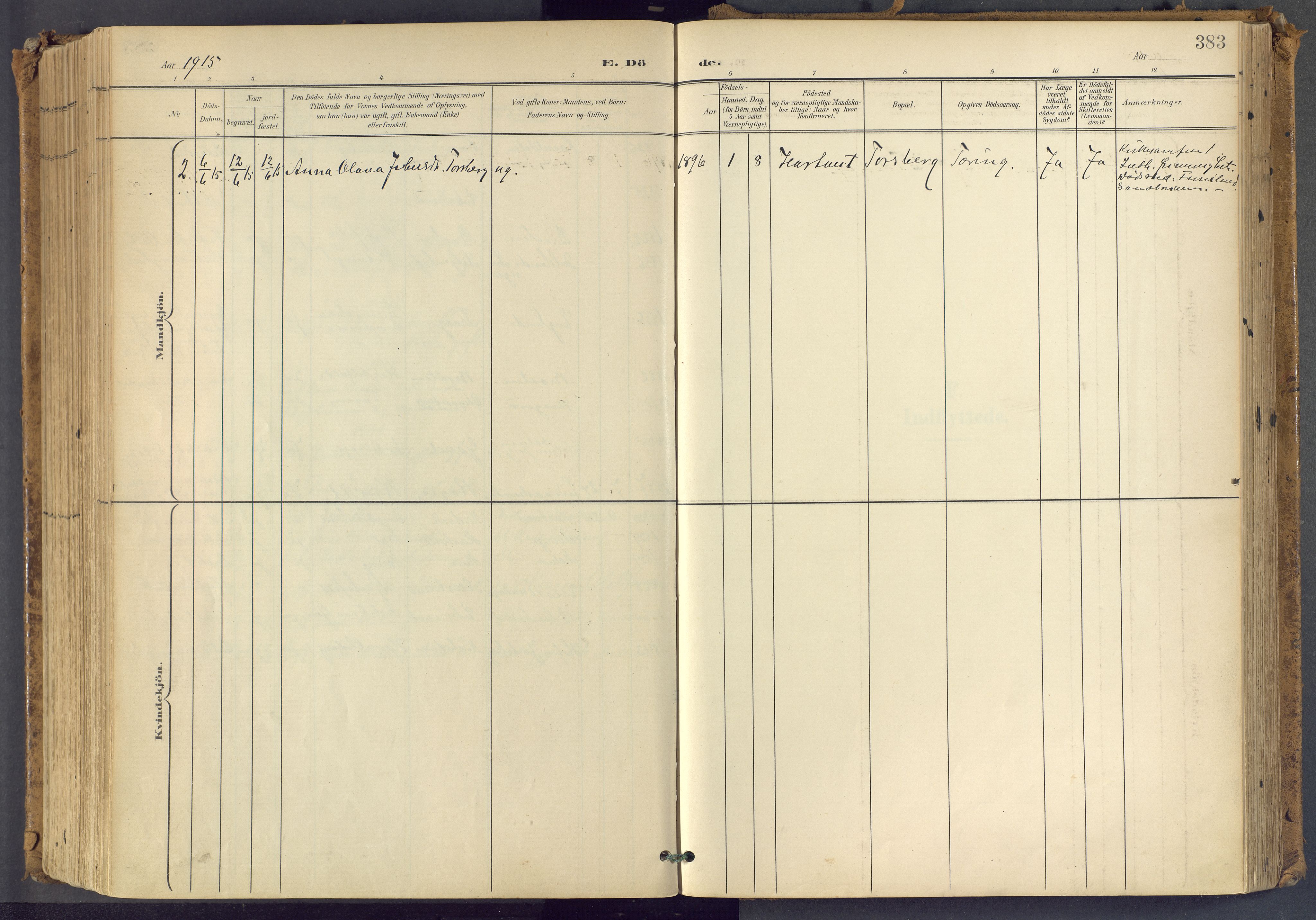 Bamble kirkebøker, SAKO/A-253/F/Fa/L0009: Parish register (official) no. I 9, 1901-1917, p. 383