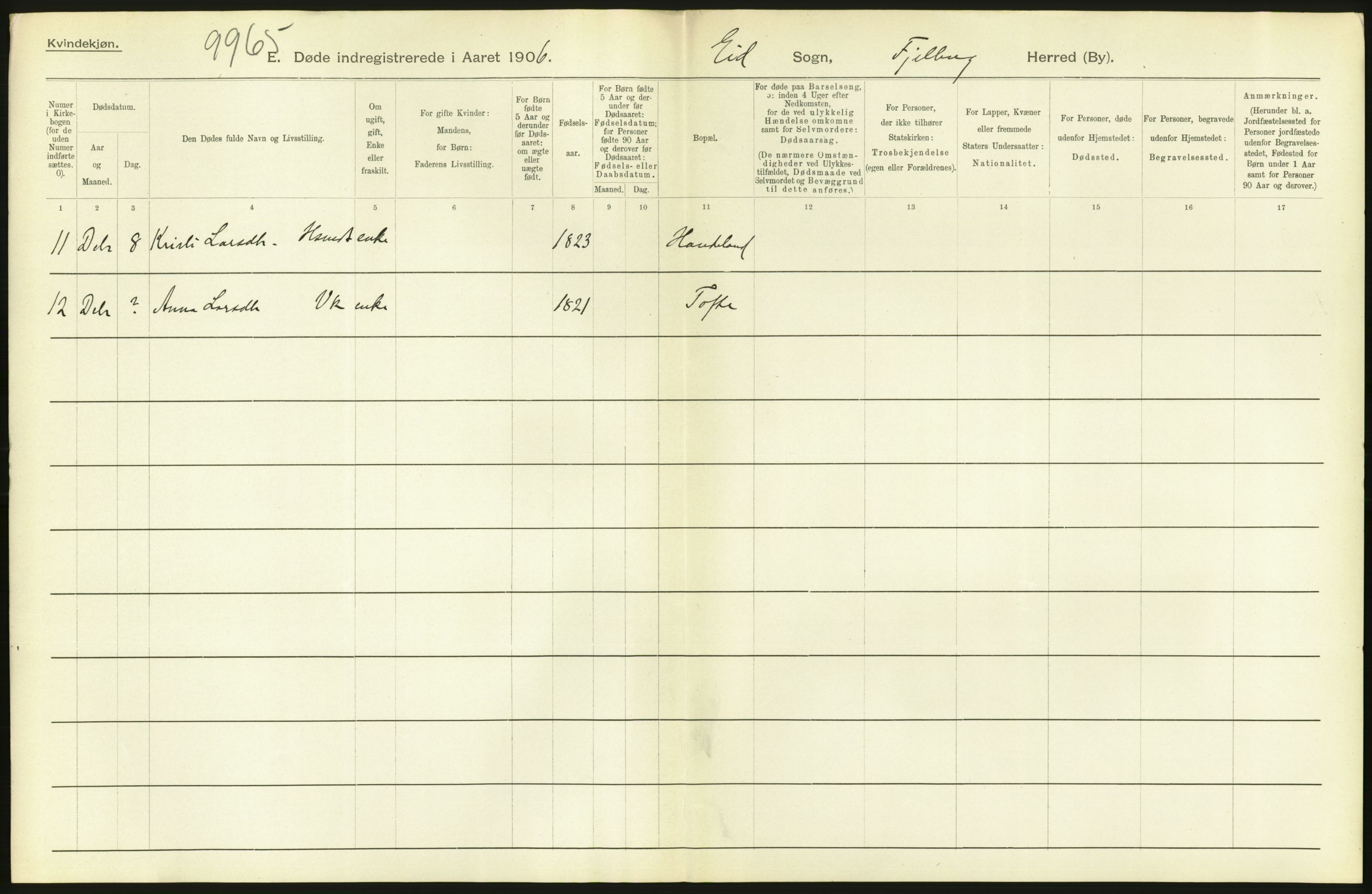 Statistisk sentralbyrå, Sosiodemografiske emner, Befolkning, AV/RA-S-2228/D/Df/Dfa/Dfad/L0030: S. Bergenhus amt: Døde. Bygder., 1906, p. 90