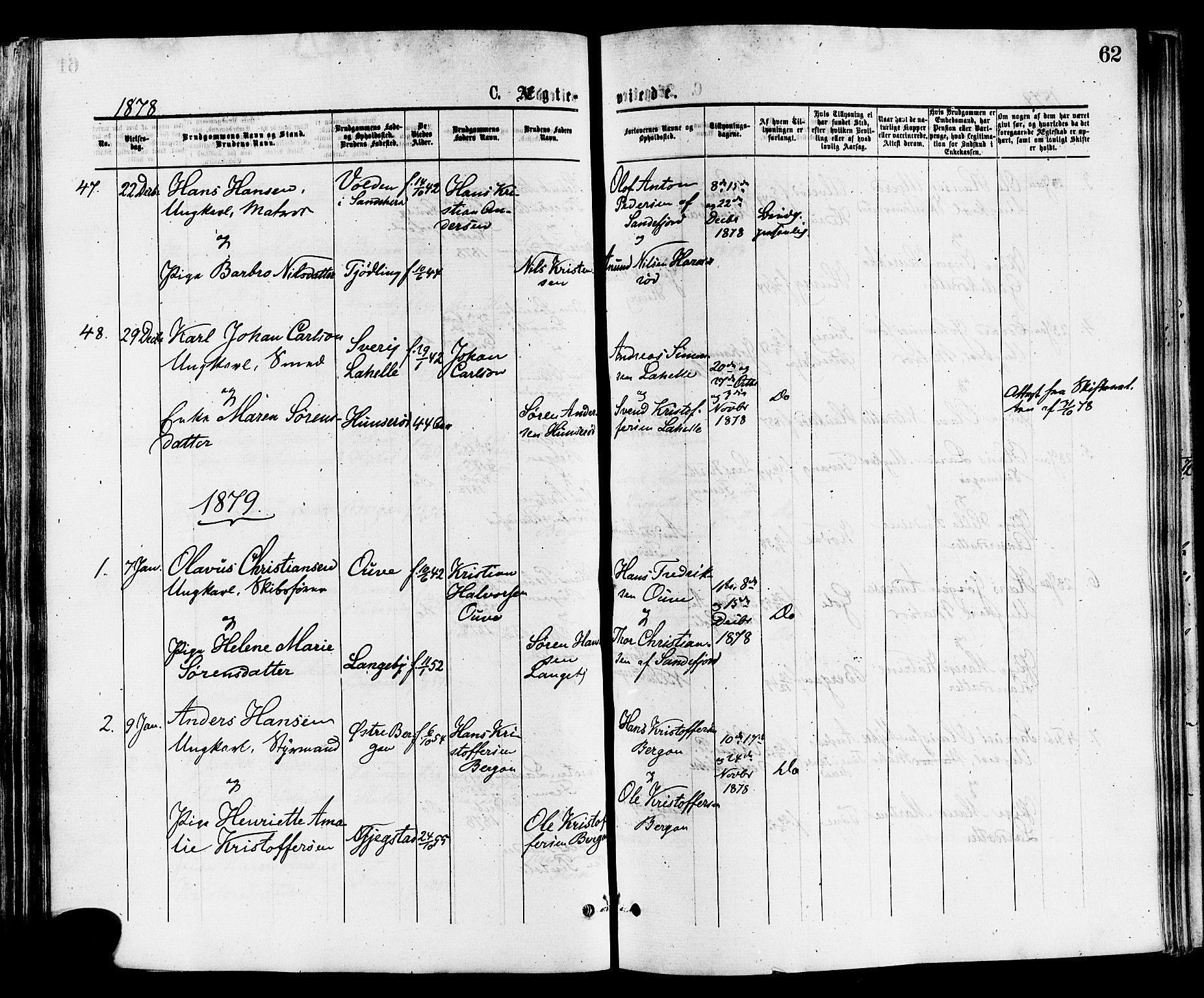 Sandar kirkebøker, SAKO/A-243/F/Fa/L0011: Parish register (official) no. 11, 1872-1882, p. 62