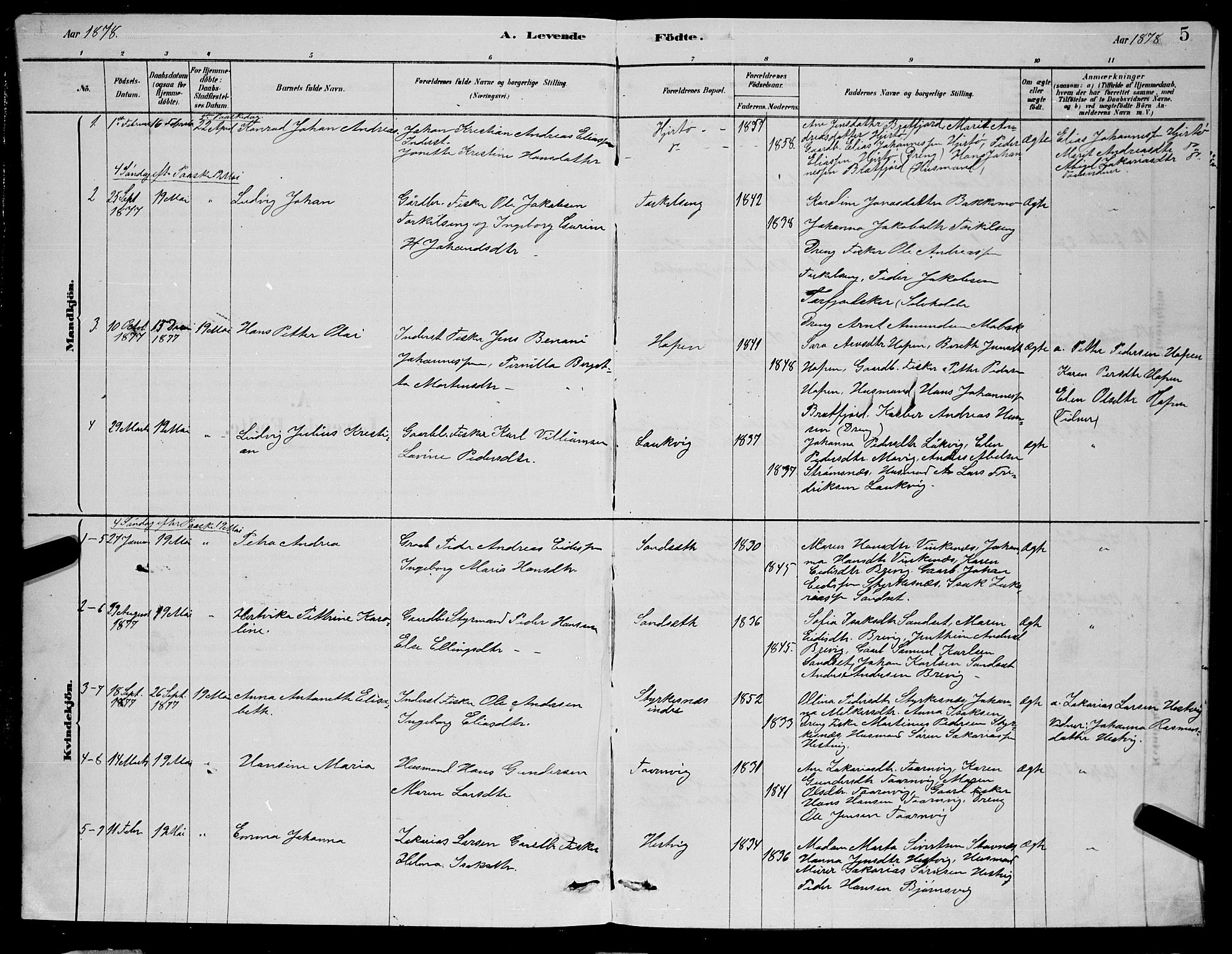 Ministerialprotokoller, klokkerbøker og fødselsregistre - Nordland, SAT/A-1459/853/L0776: Parish register (copy) no. 853C04, 1878-1889, p. 5
