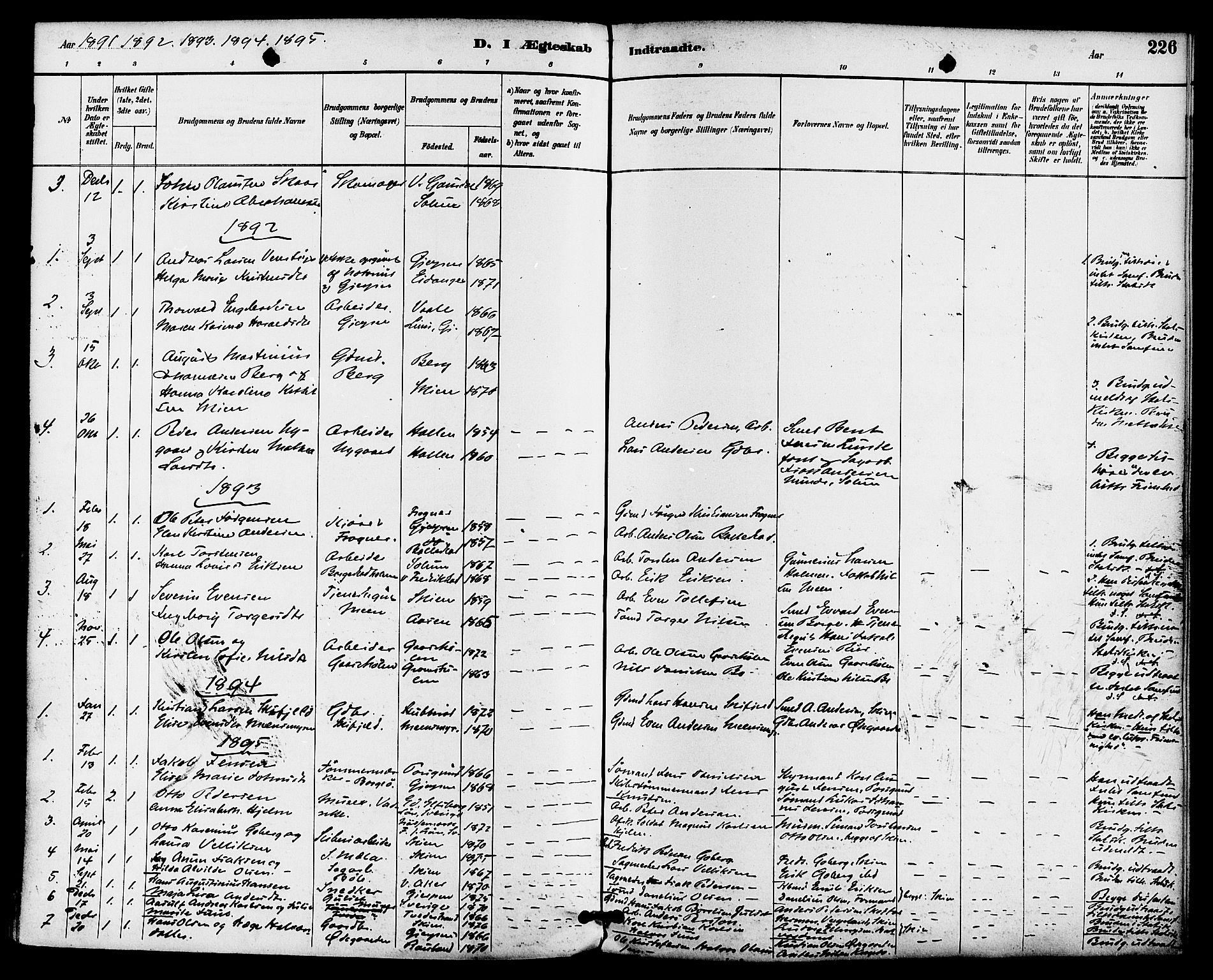 Gjerpen kirkebøker, SAKO/A-265/F/Fa/L0010: Parish register (official) no. I 10, 1886-1895, p. 226