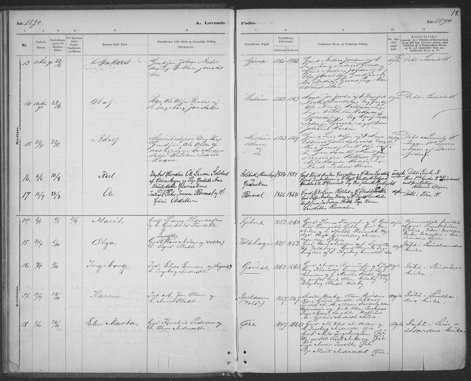 Ministerialprotokoller, klokkerbøker og fødselsregistre - Sør-Trøndelag, AV/SAT-A-1456/691/L1085: Parish register (official) no. 691A17, 1887-1908, p. 18