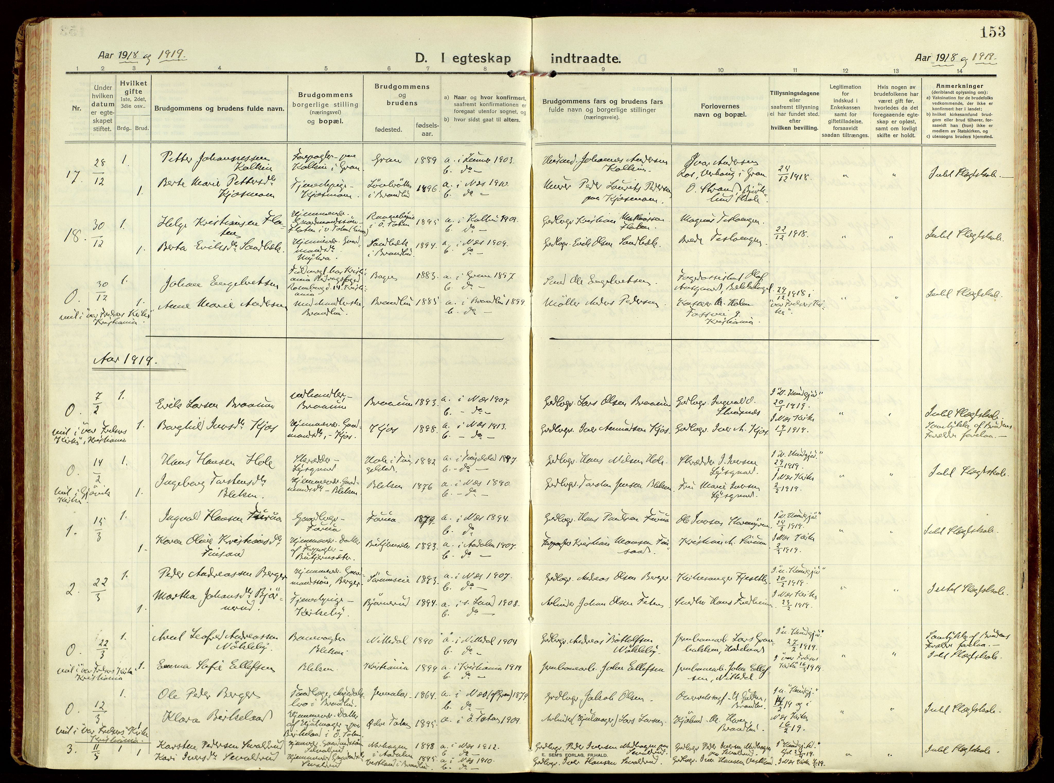 Brandbu prestekontor, AV/SAH-PREST-114/H/Ha/Haa/L0004: Parish register (official) no. 4, 1913-1923, p. 153