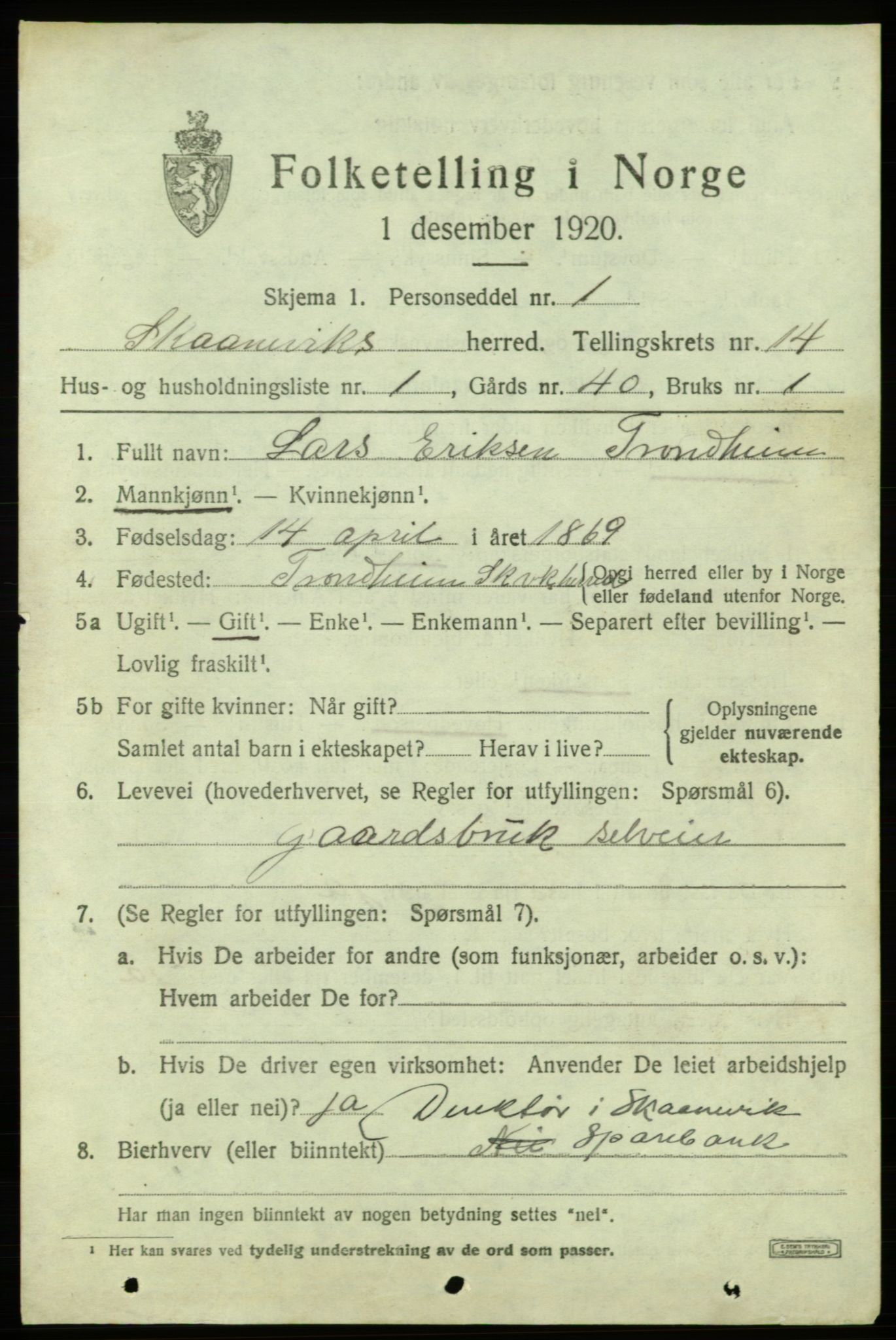 SAB, 1920 census for Skånevik, 1920, p. 6013