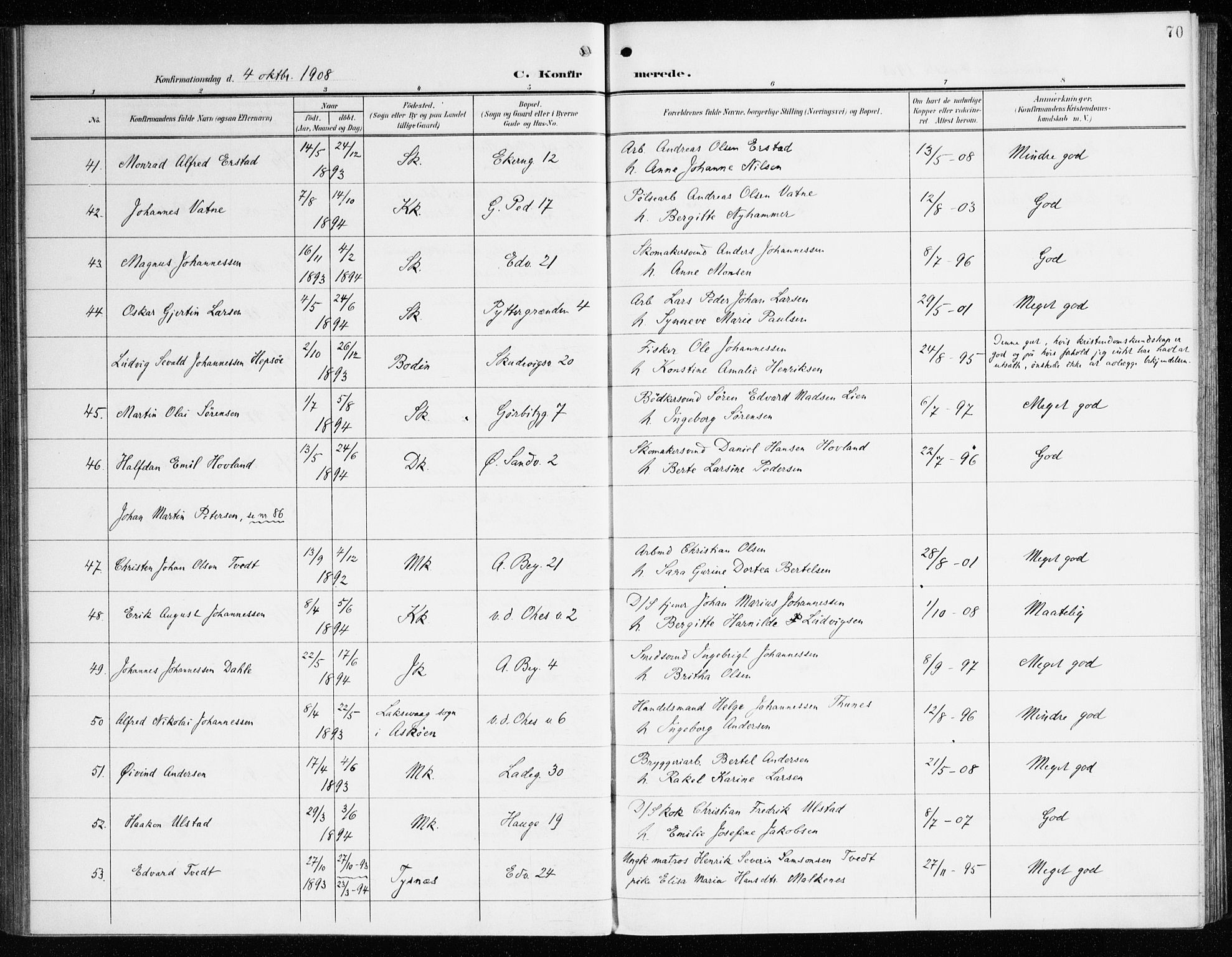 Sandviken Sokneprestembete, SAB/A-77601/H/Ha/L0011: Parish register (official) no. C 2, 1905-1918, p. 70
