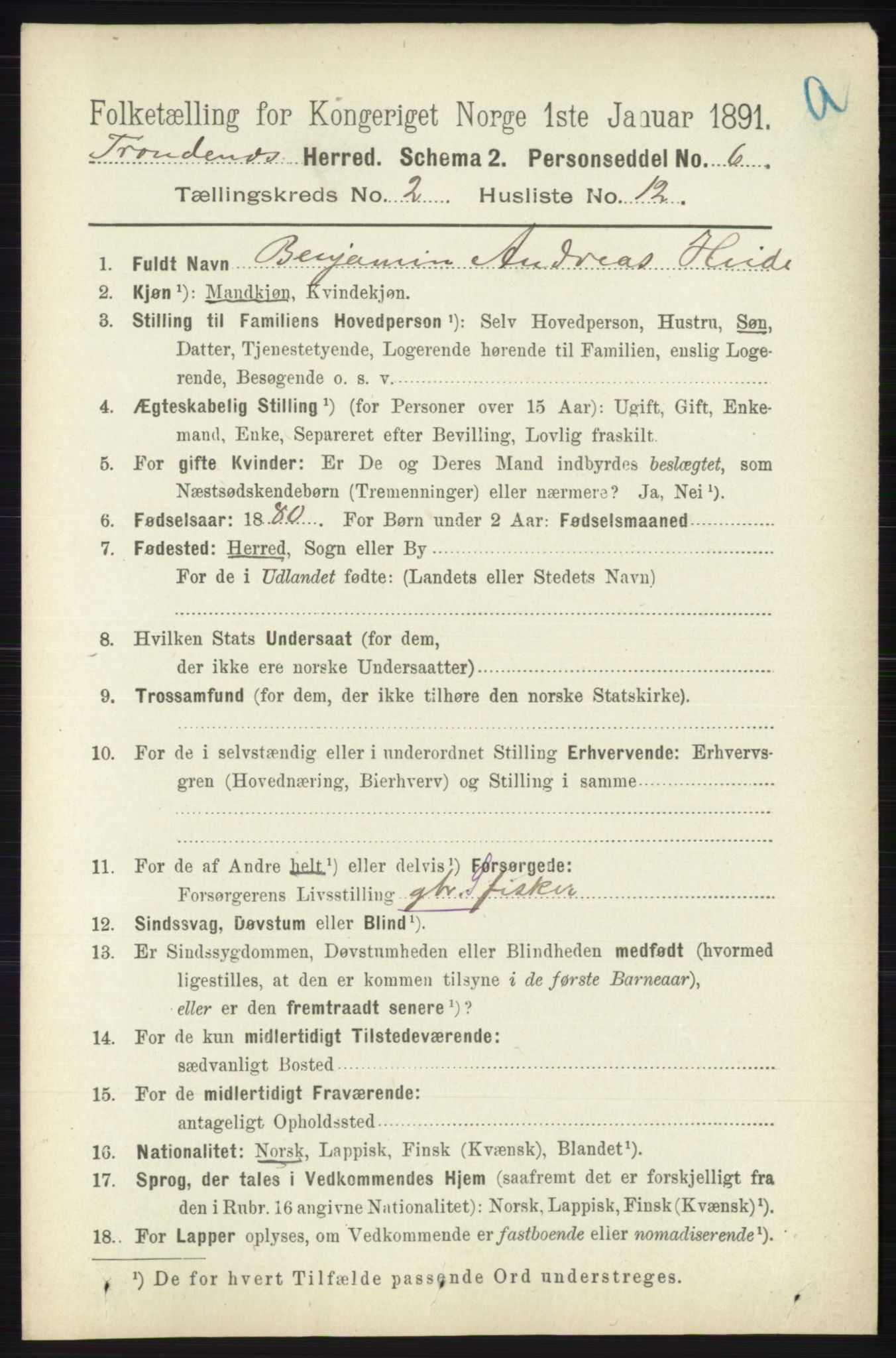 RA, 1891 census for 1914 Trondenes, 1891, p. 733