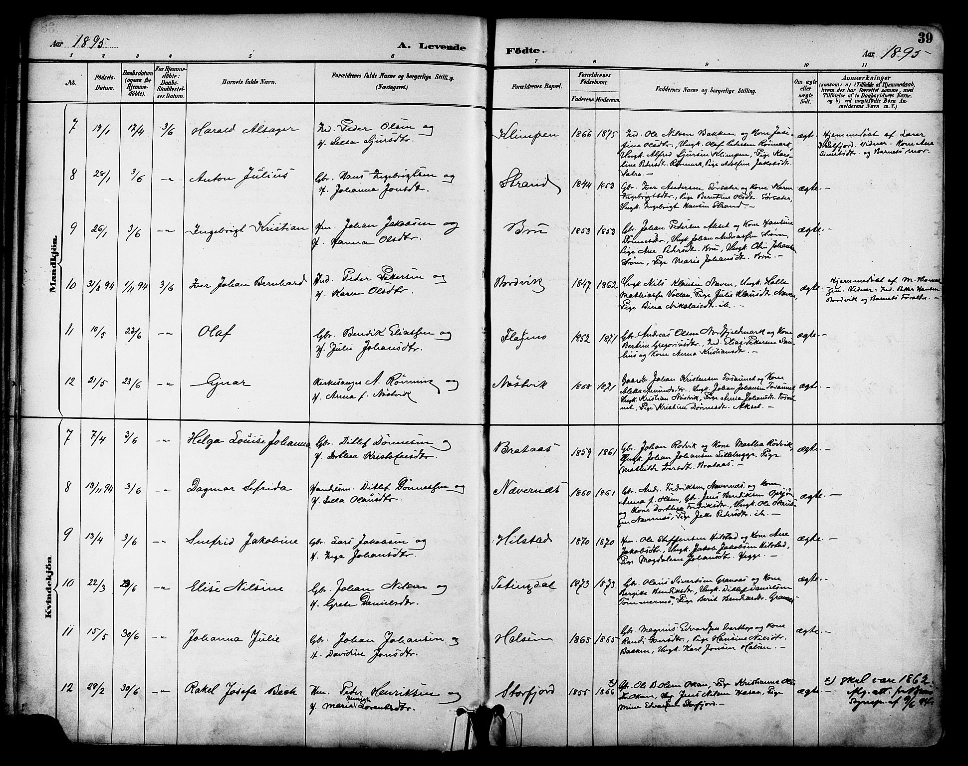 Ministerialprotokoller, klokkerbøker og fødselsregistre - Nordland, SAT/A-1459/814/L0226: Parish register (official) no. 814A07, 1886-1898, p. 39