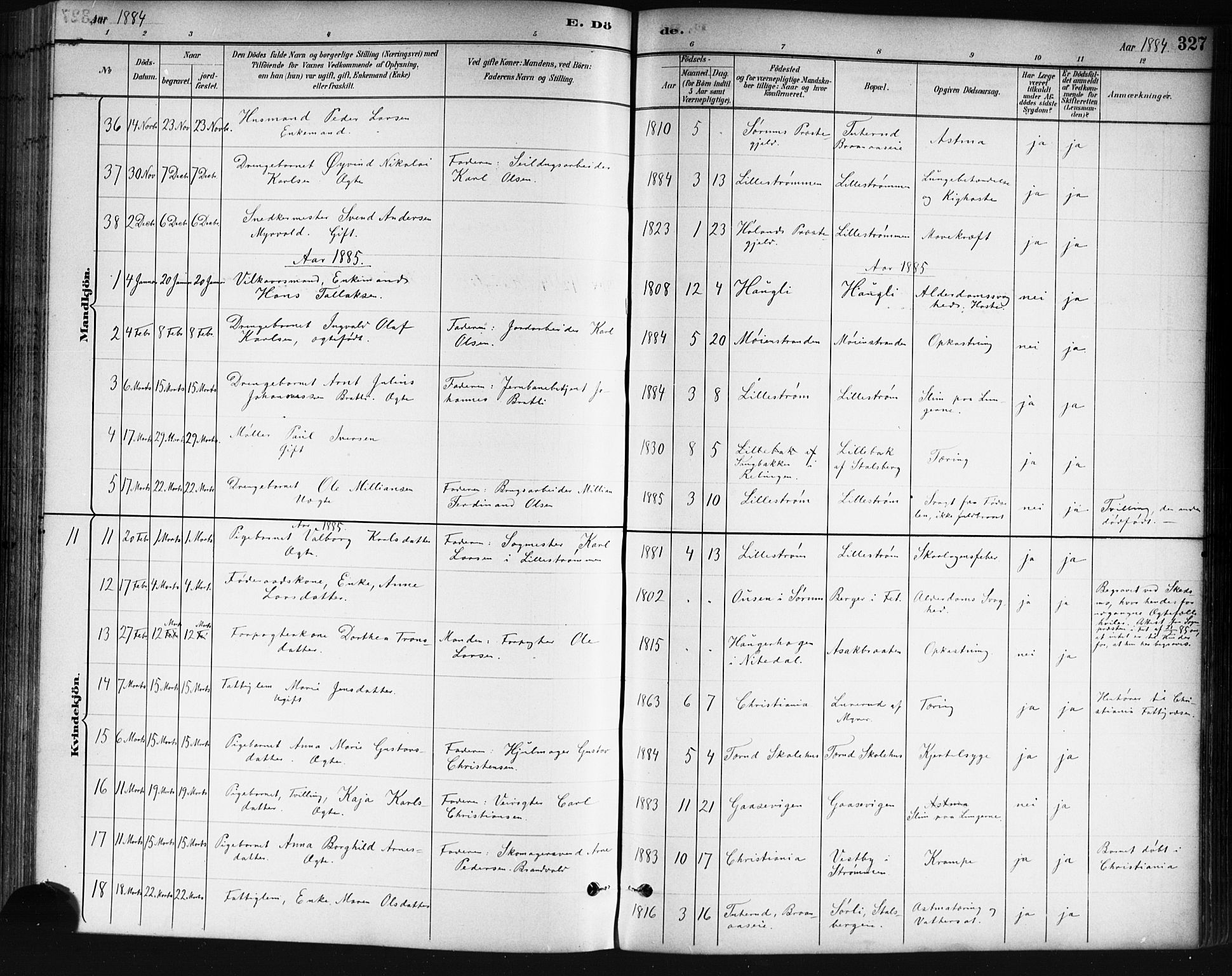 Skedsmo prestekontor Kirkebøker, SAO/A-10033a/G/Ga/L0004: Parish register (copy) no. I 4, 1883-1895, p. 327