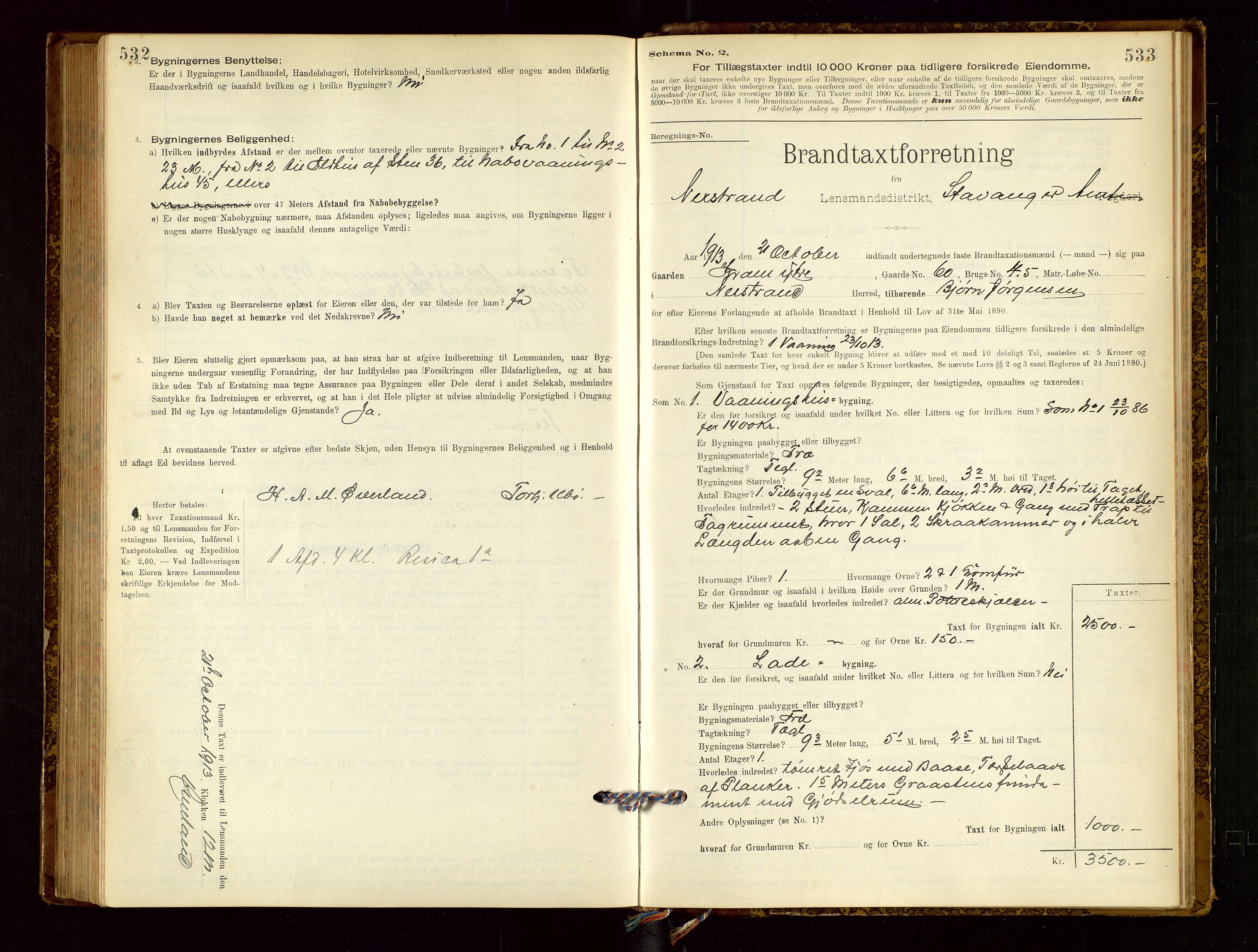 Nedstrand lensmannskontor, AV/SAST-A-100236/Gob/L0001: "Brandtaxationsprotokol for Nerstrand Lensmandsdistrikt Ryfylke fogderi", 1895-1915, p. 532-533