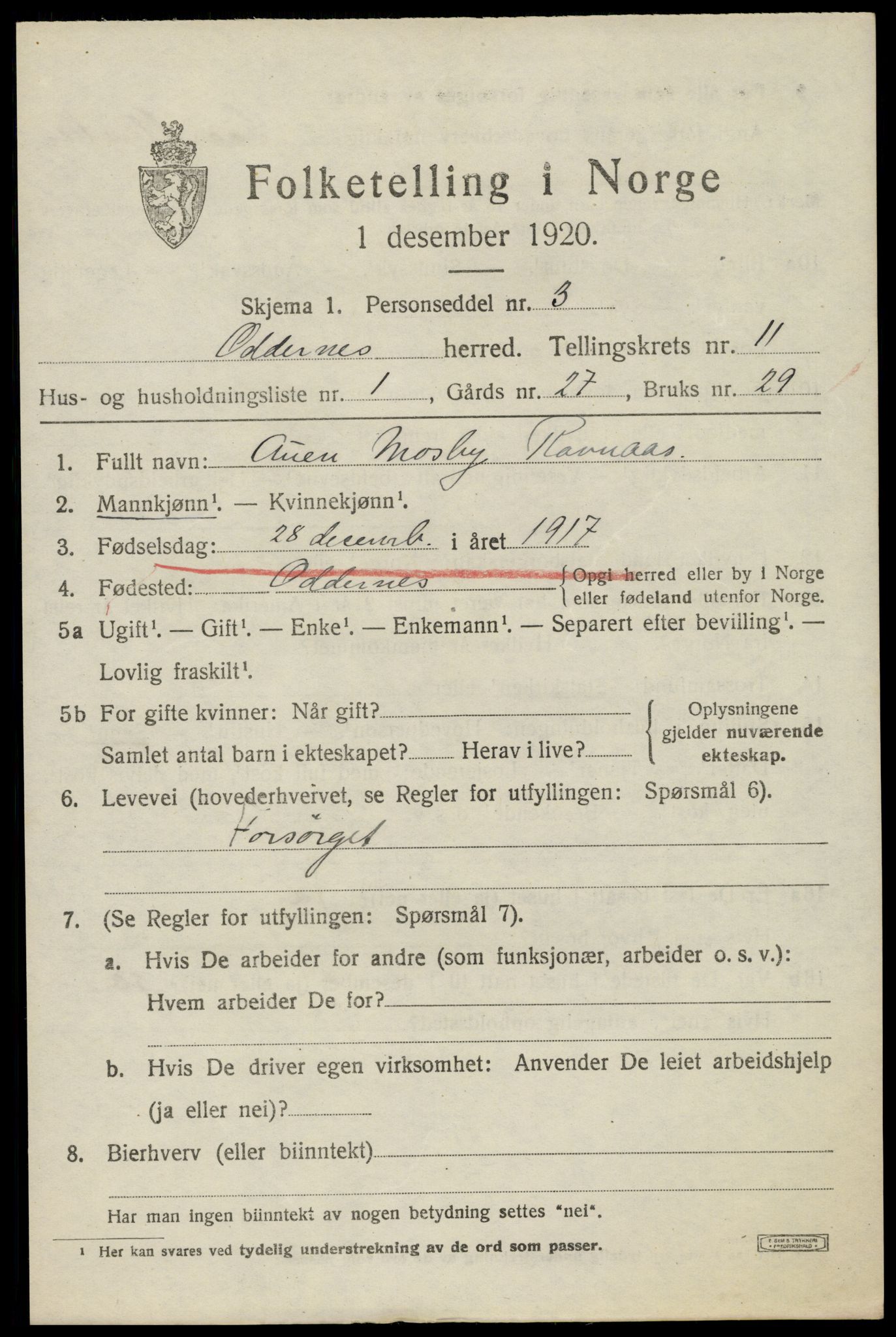 SAK, 1920 census for Oddernes, 1920, p. 7065