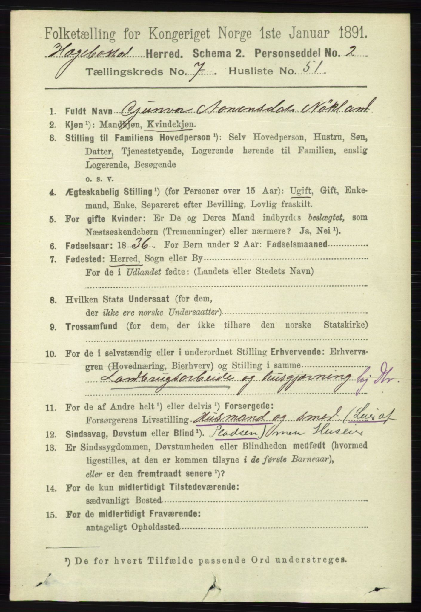 RA, 1891 census for 1034 Hægebostad, 1891, p. 2417