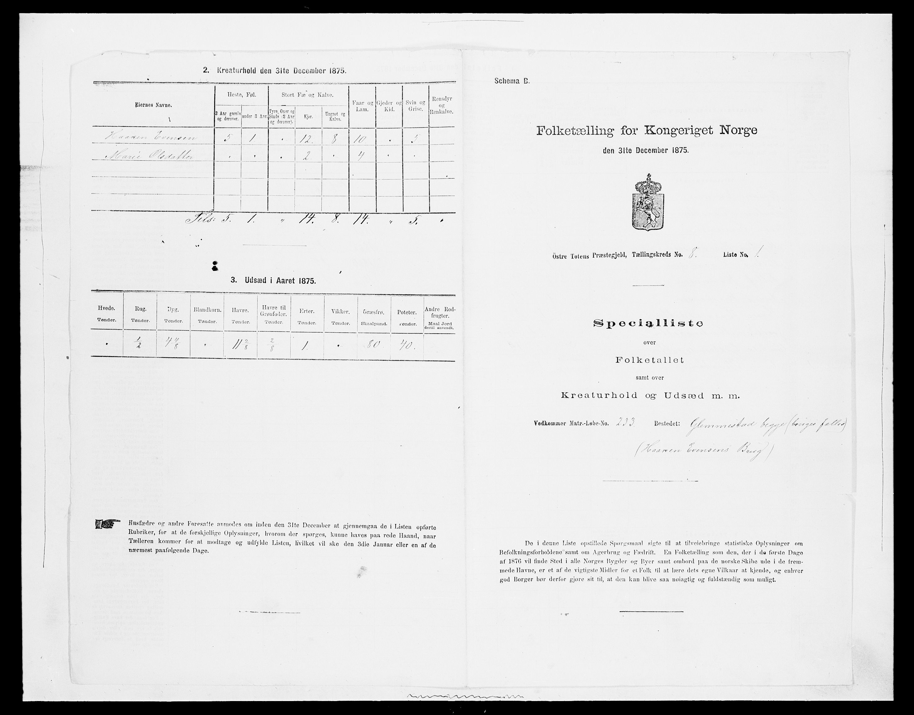 SAH, 1875 census for 0528P Østre Toten, 1875, p. 1444