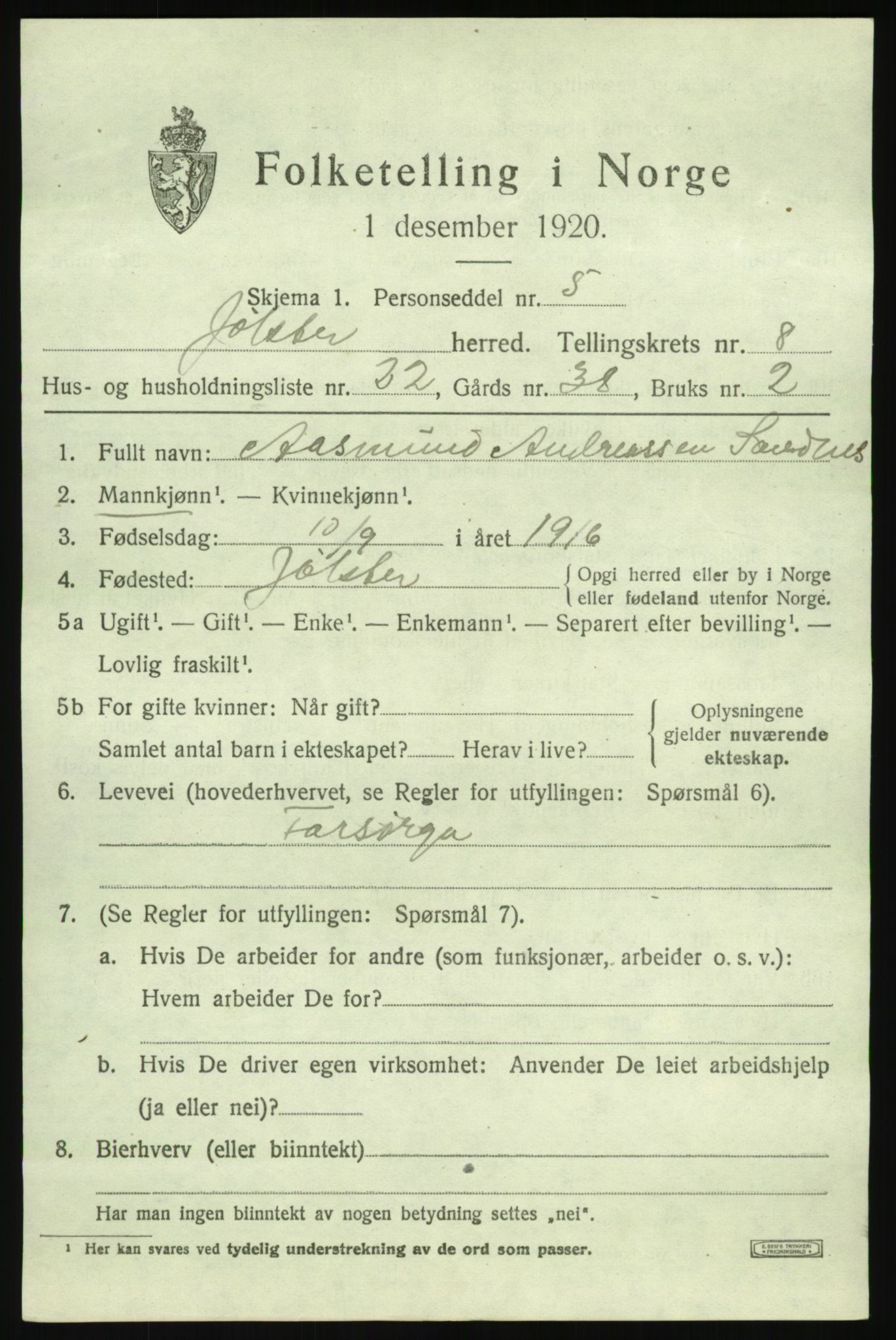 SAB, 1920 census for Jølster, 1920, p. 4302