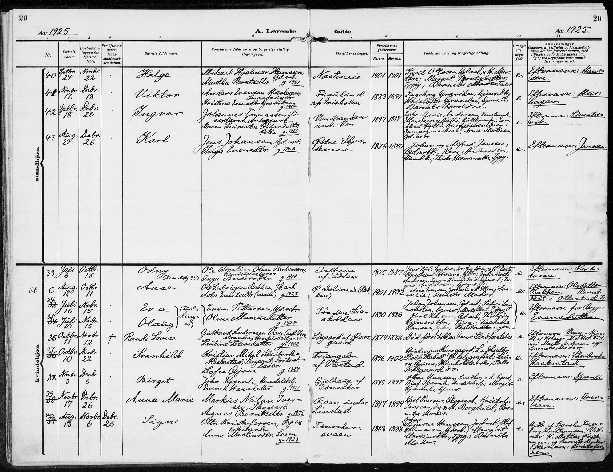 Stange prestekontor, AV/SAH-PREST-002/K/L0026: Parish register (official) no. 26, 1923-1937, p. 20