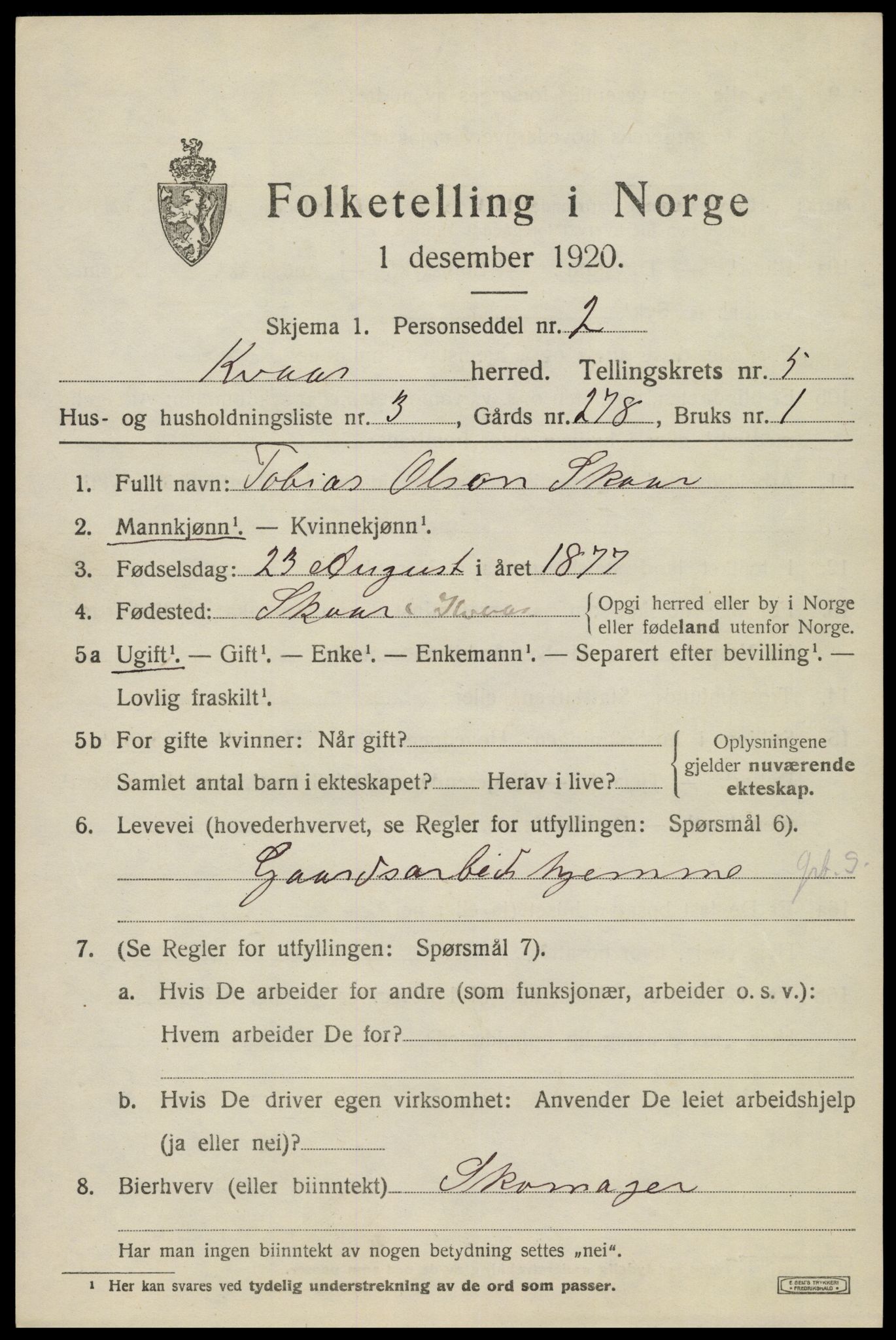 SAK, 1920 census for Kvås, 1920, p. 1306