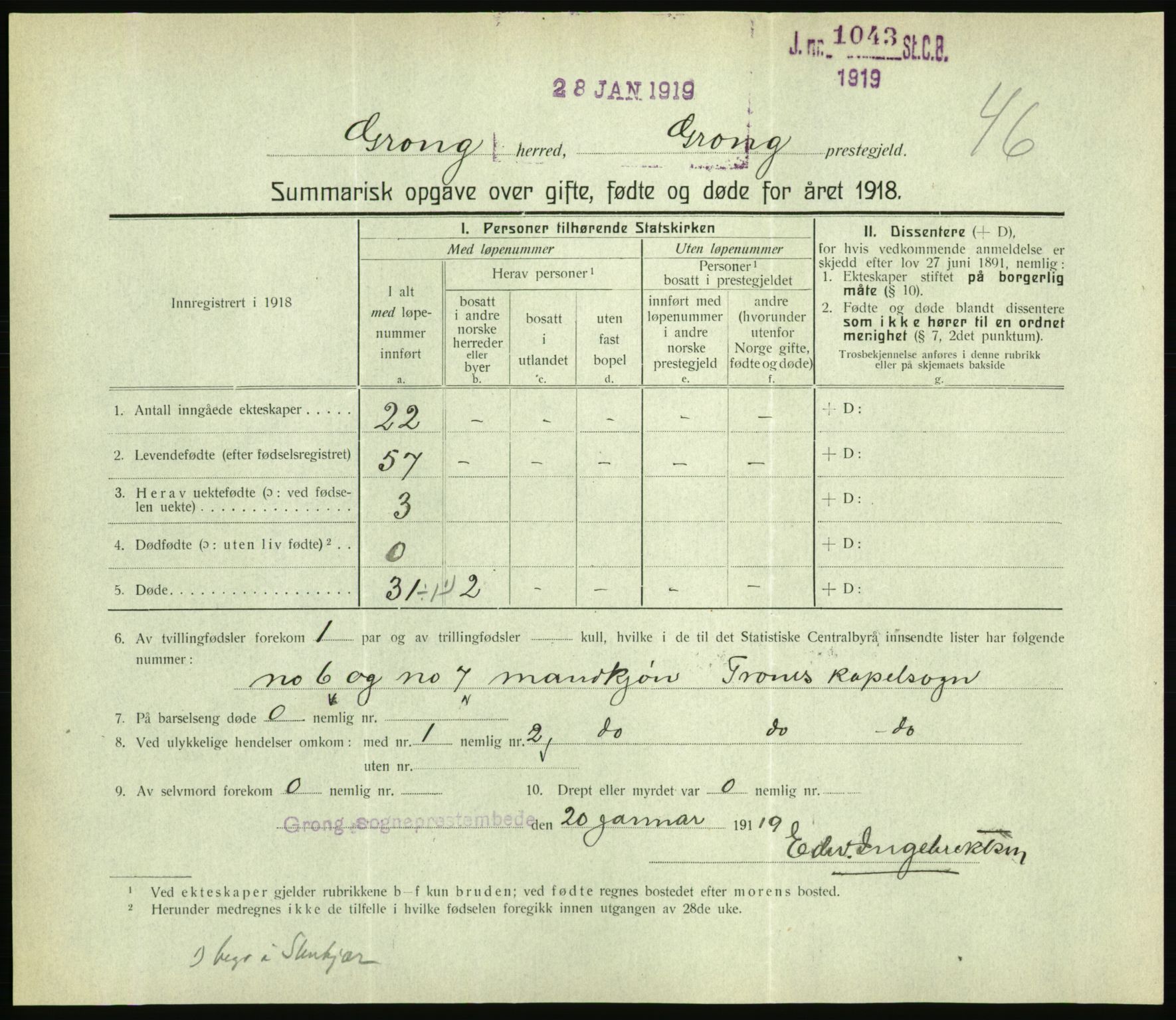 Statistisk sentralbyrå, Sosiodemografiske emner, Befolkning, RA/S-2228/D/Df/Dfb/Dfbh/L0059: Summariske oppgaver over gifte, fødte og døde for hele landet., 1918, p. 1427