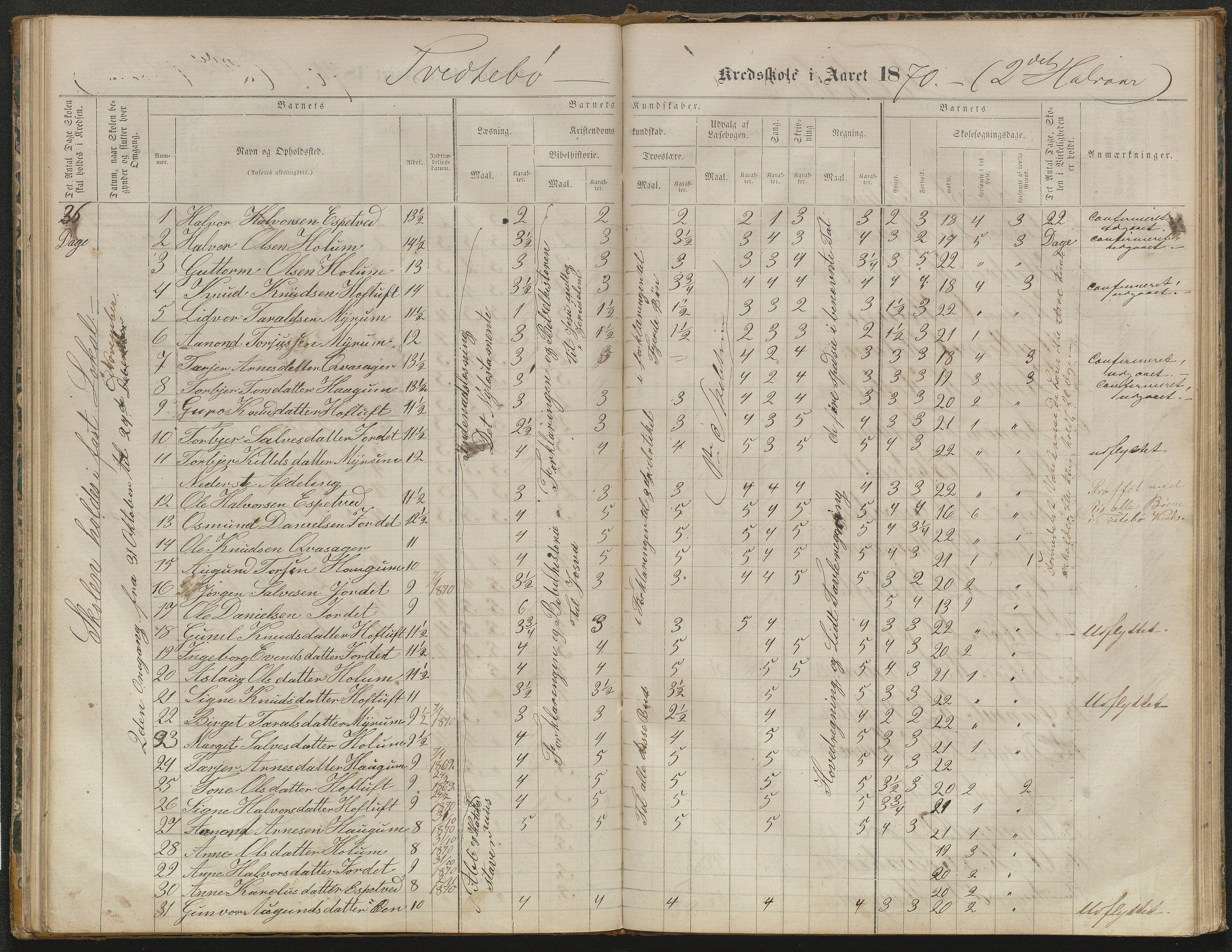 Valle kommune, AAKS/KA0940-PK/03/L0052: Karakterprotokoll for Homme skule. Karakterprotokoll for Oveinang skule. Karakterprotokoll for Tveitebø skule. Karakterprotokoll for den frivillige undervisning i Homme, 1863-1882