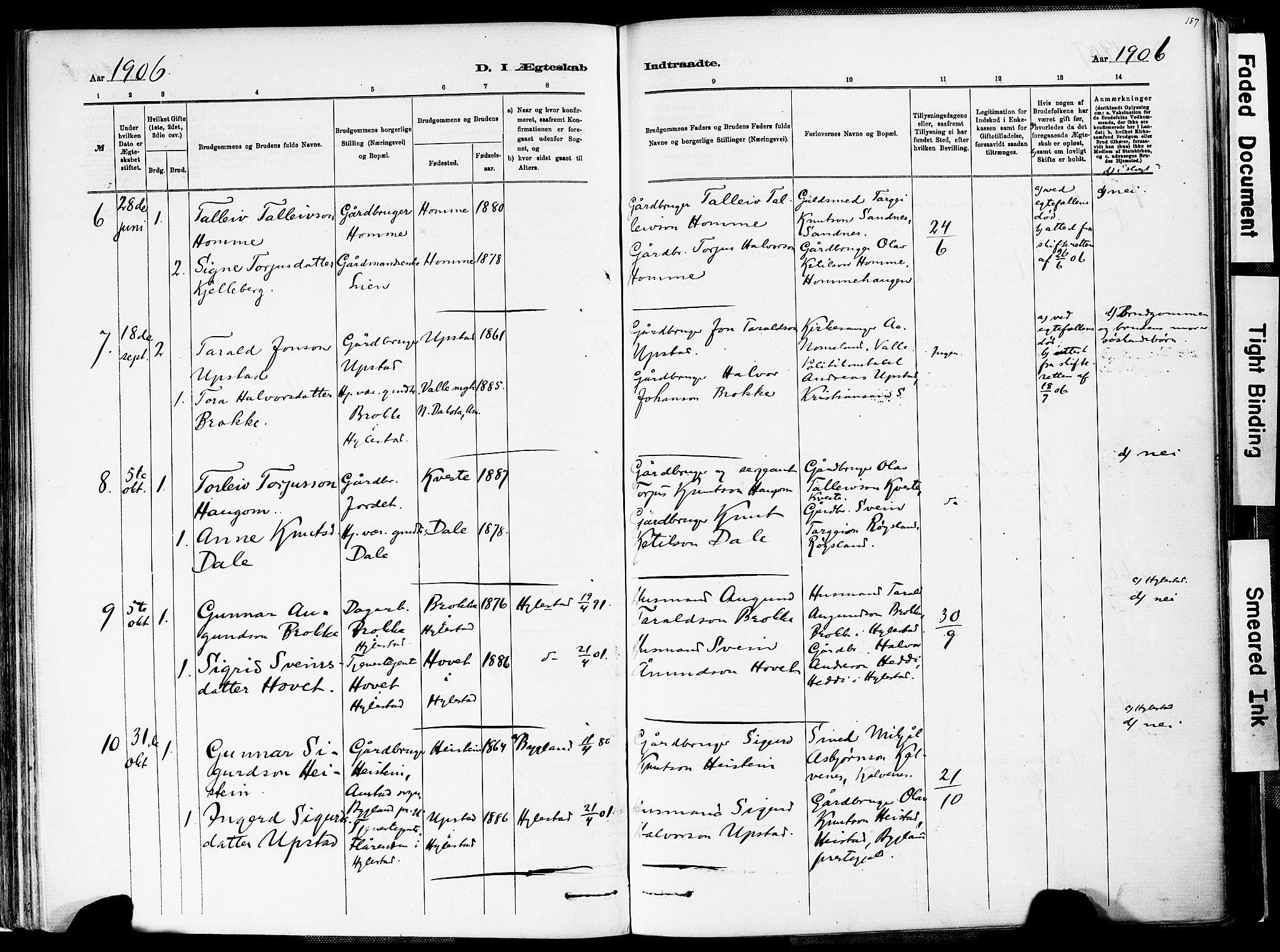 Valle sokneprestkontor, SAK/1111-0044/F/Fa/Fac/L0009: Parish register (official) no. A 9, 1882-1913, p. 187