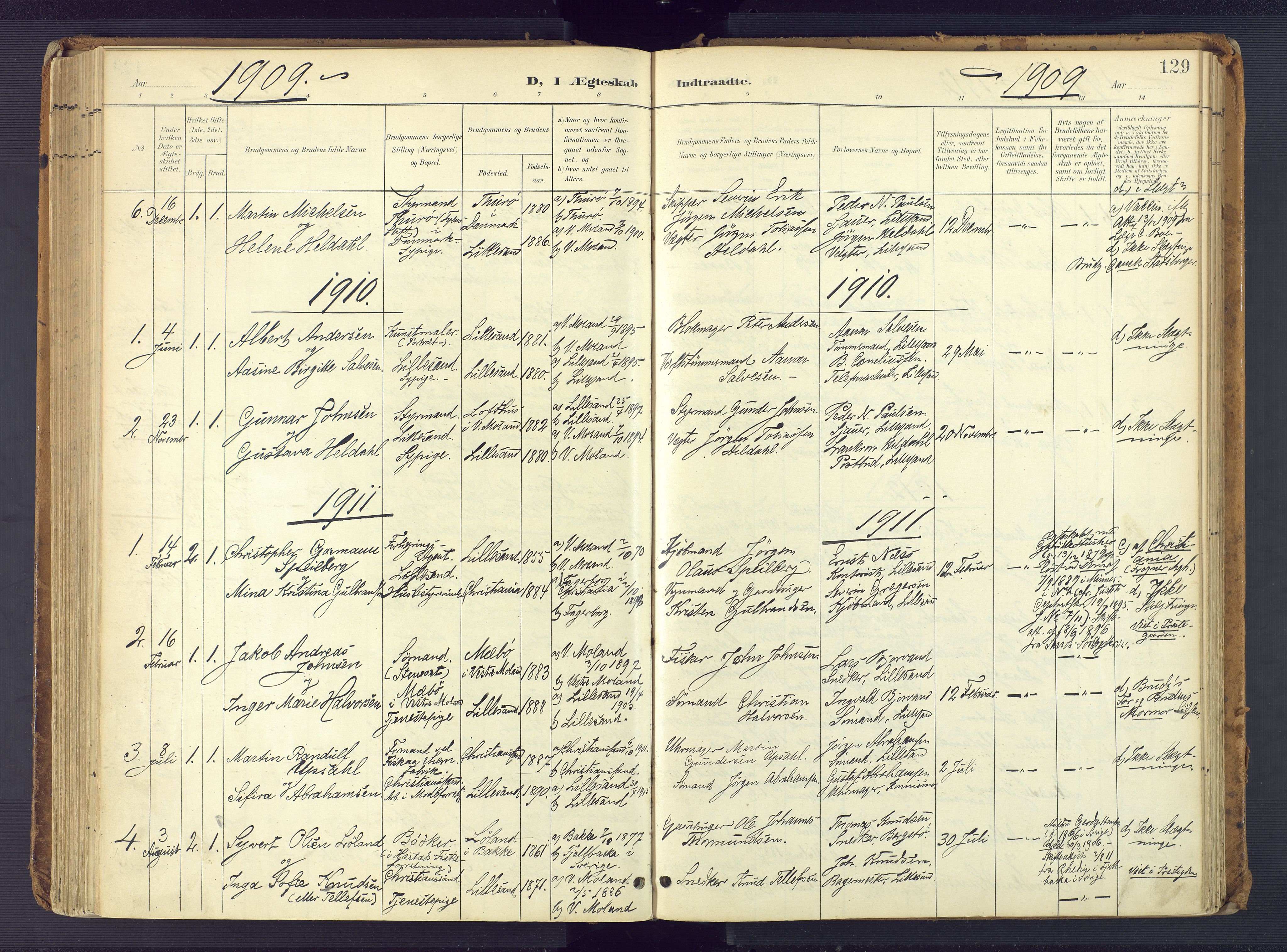 Vestre Moland sokneprestkontor, AV/SAK-1111-0046/F/Fa/Faa/L0002: Parish register (official) no. A 2, 1900-1926, p. 129