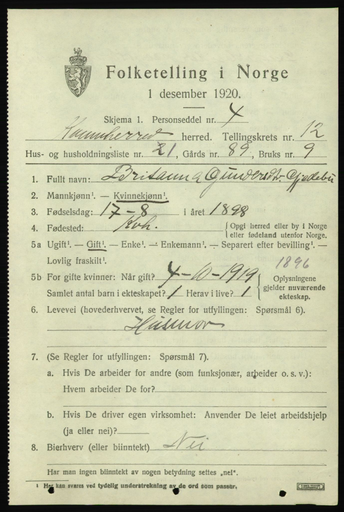 SAB, 1920 census for Kvinnherad, 1920, p. 7308