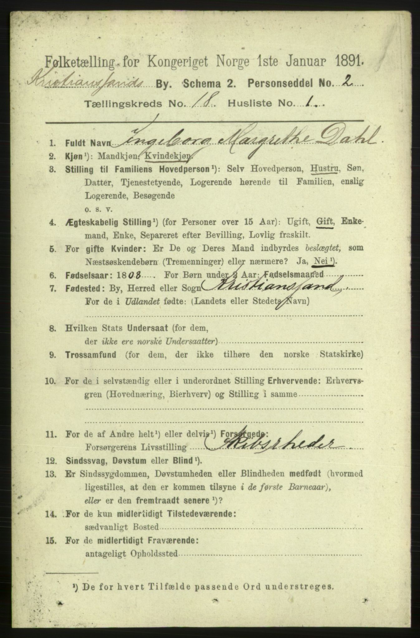 RA, 1891 census for 1001 Kristiansand, 1891, p. 7197